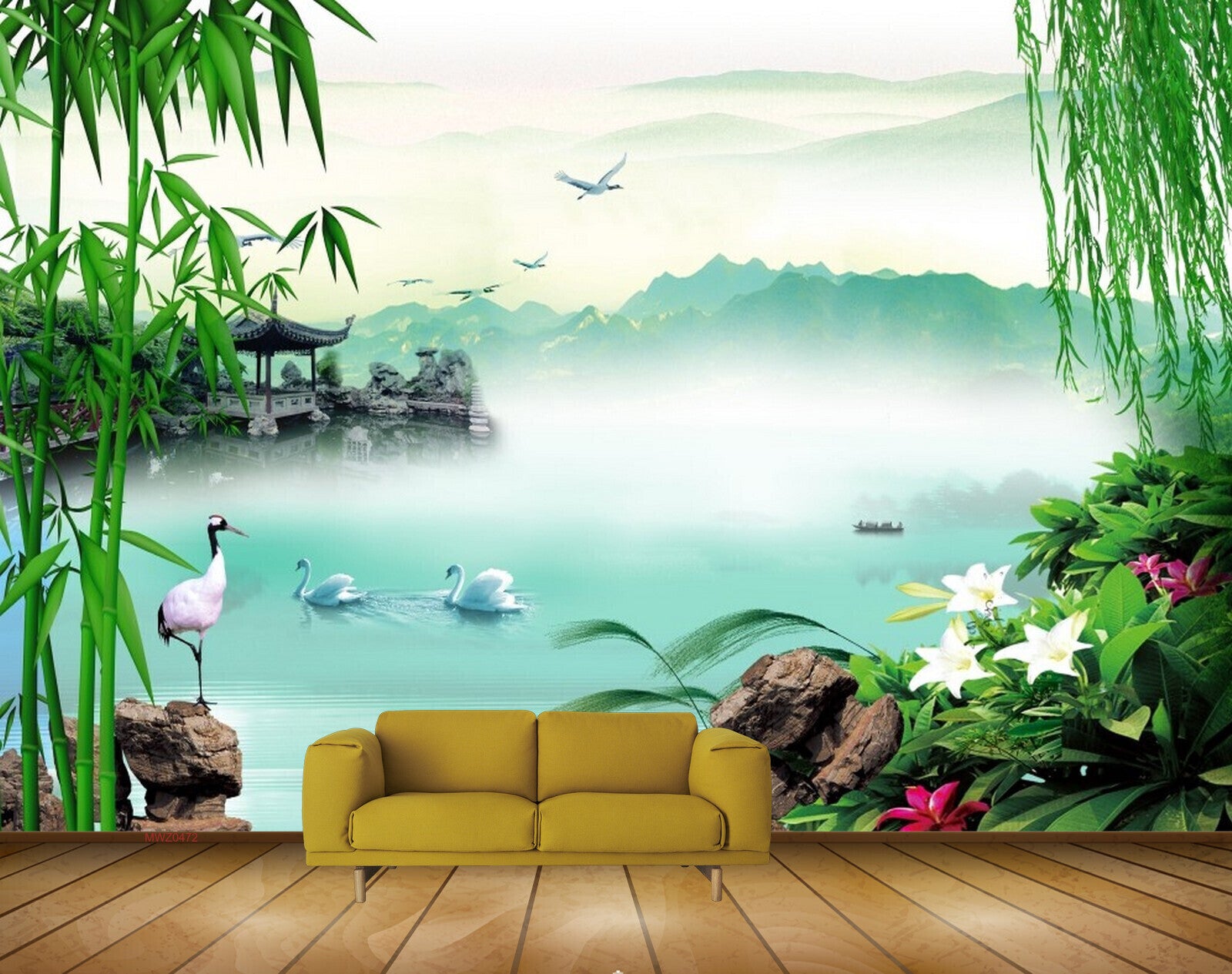 Avikalp MWZ0472 Swan Ducks Birds White Pink Flowers Stones Trees River HD Wallpaper