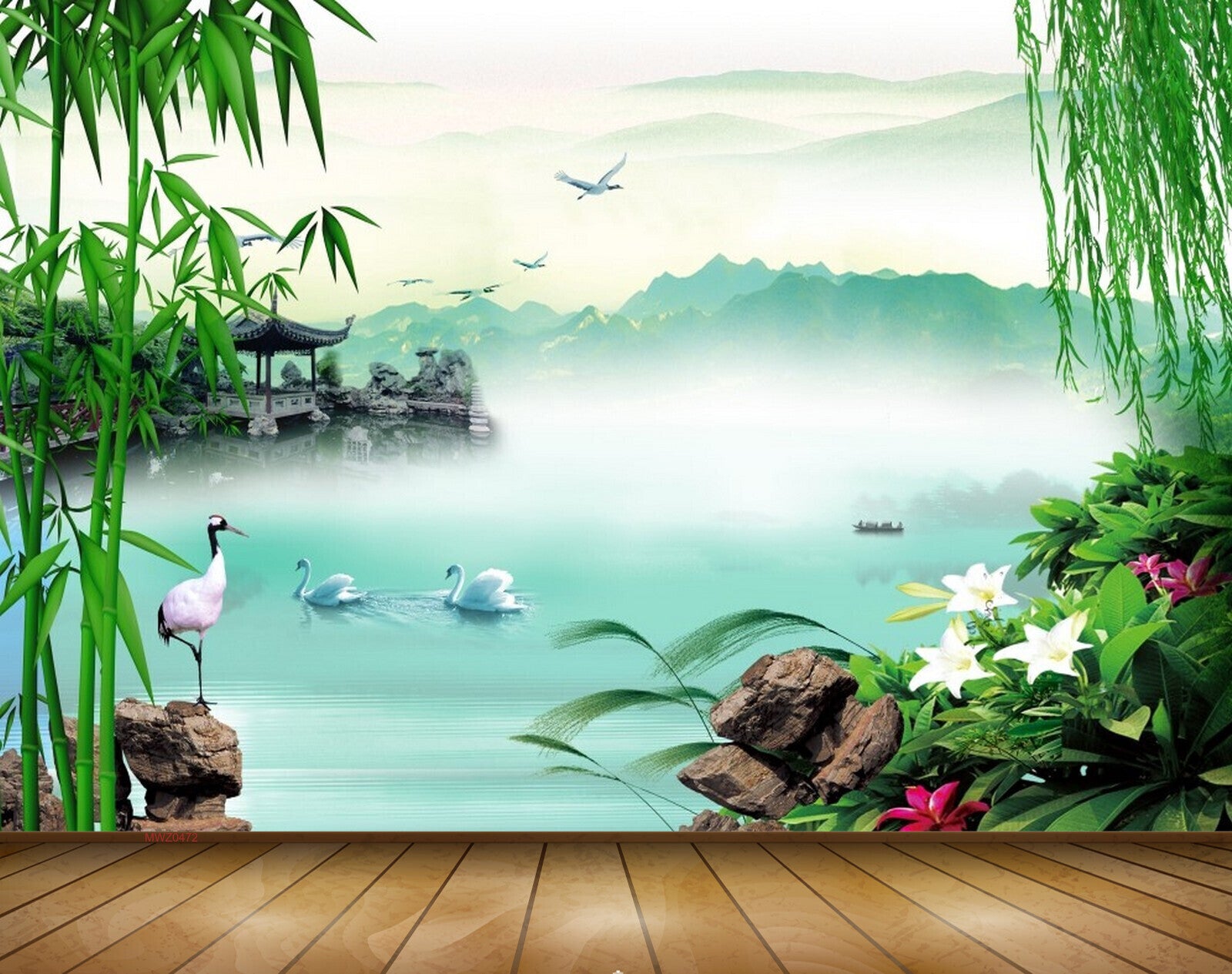 Avikalp MWZ0472 Swan Ducks Birds White Pink Flowers Stones Trees River 3D HD Wallpaper