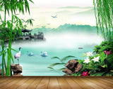 Avikalp MWZ0472 Swan Ducks Birds White Pink Flowers Stones Trees River 3D HD Wallpaper