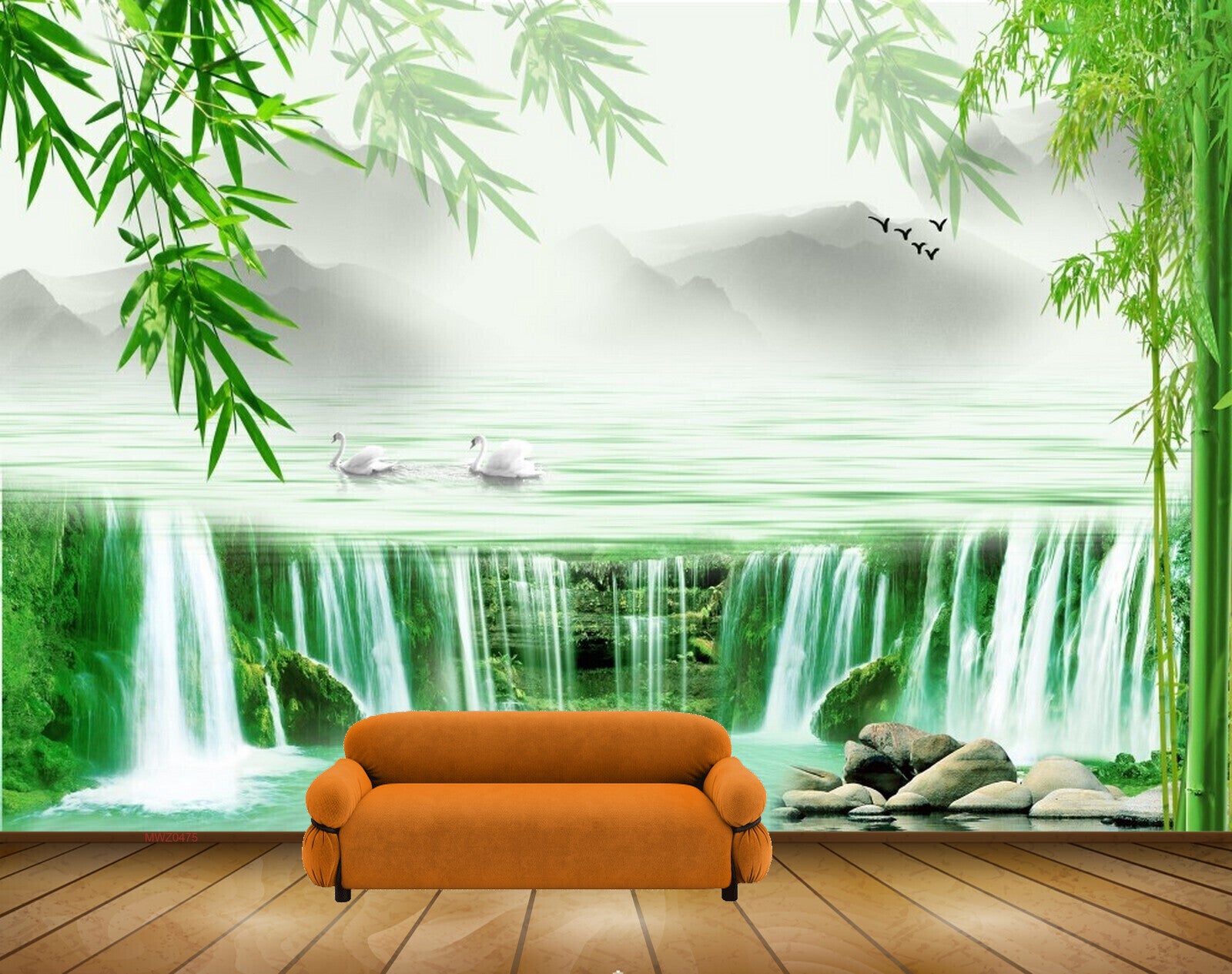 Avikalp MWZ0475 Waterfalls Trees Stones Swans Birds HD Wallpaper