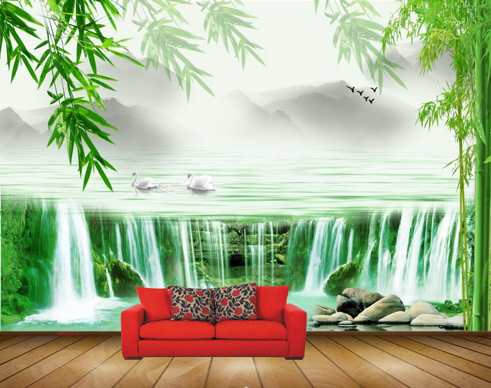 Avikalp MWZ0475 Waterfalls Trees Stones Swans Birds 3D HD Wallpaper