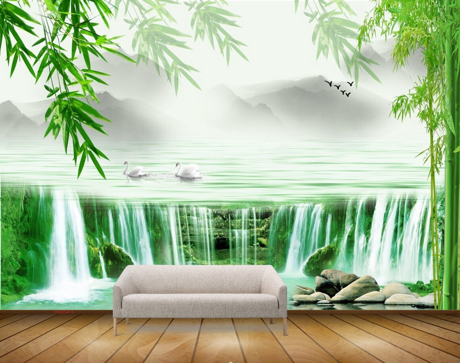 Avikalp MWZ0475 Waterfalls Trees Stones Swans Birds 3D HD Wallpaper