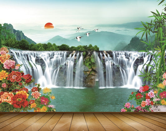 Avikalp MWZ0481 Waterfalls Flowers Sun Mountains Birds 3D HD Wallpaper