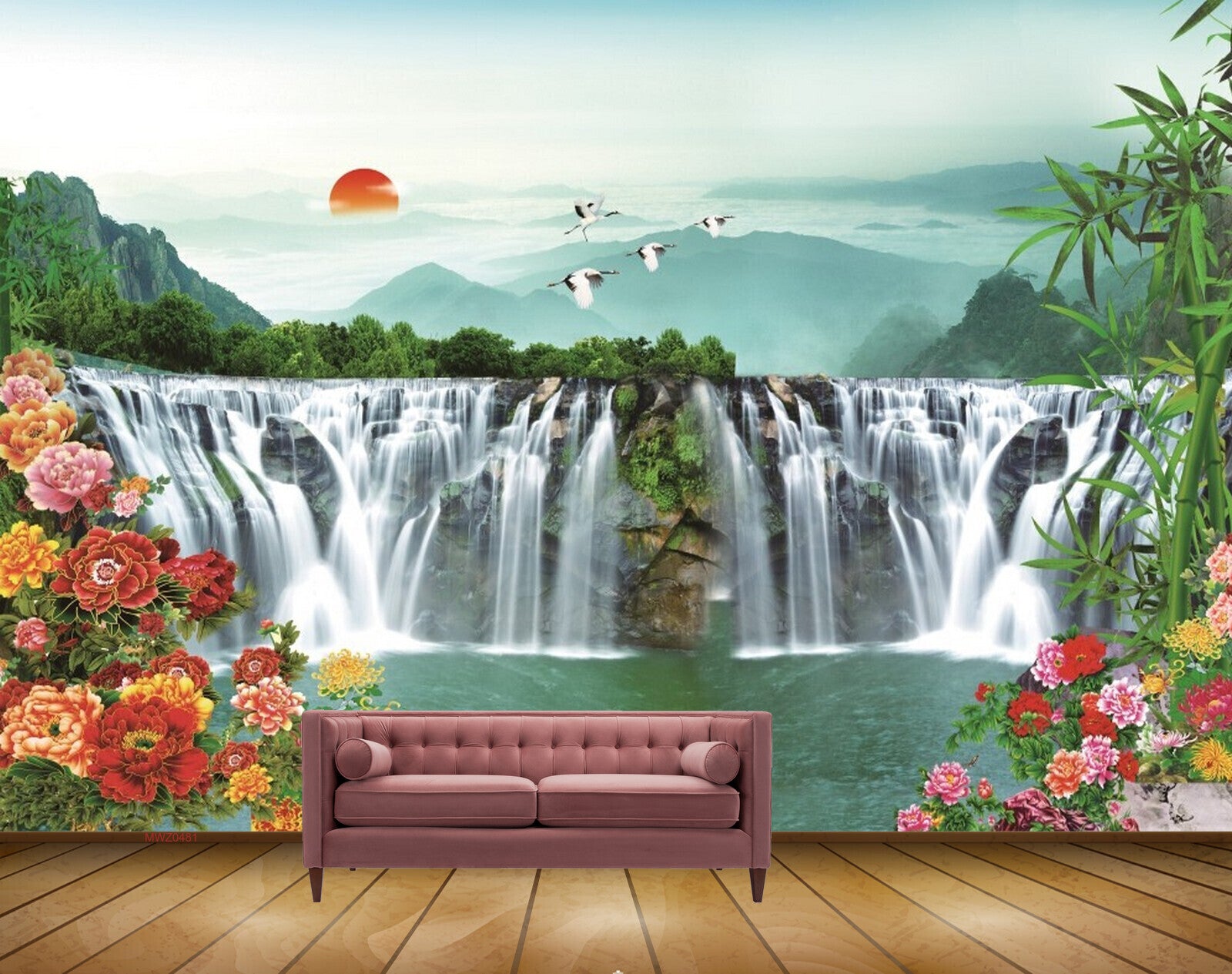 Avikalp MWZ0481 Waterfalls Flowers Sun Mountains Birds 3D HD Wallpaper