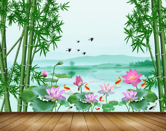 Avikalp MWZ0497 Pink Lotus Sea Birds Greenary 3D HD Wallpaper