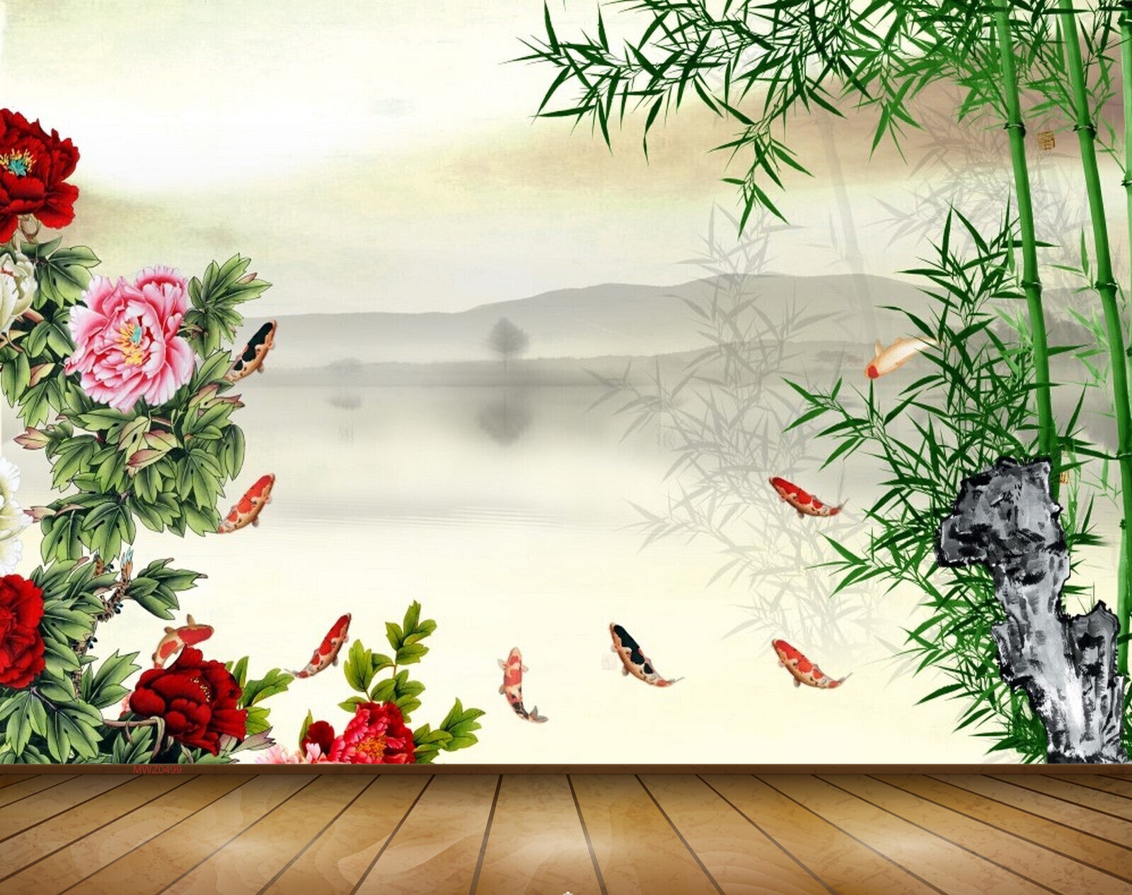 Avikalp MWZ0499 Red Flowers Fishes Trees Mountains Sea 3D HD Wallpaper