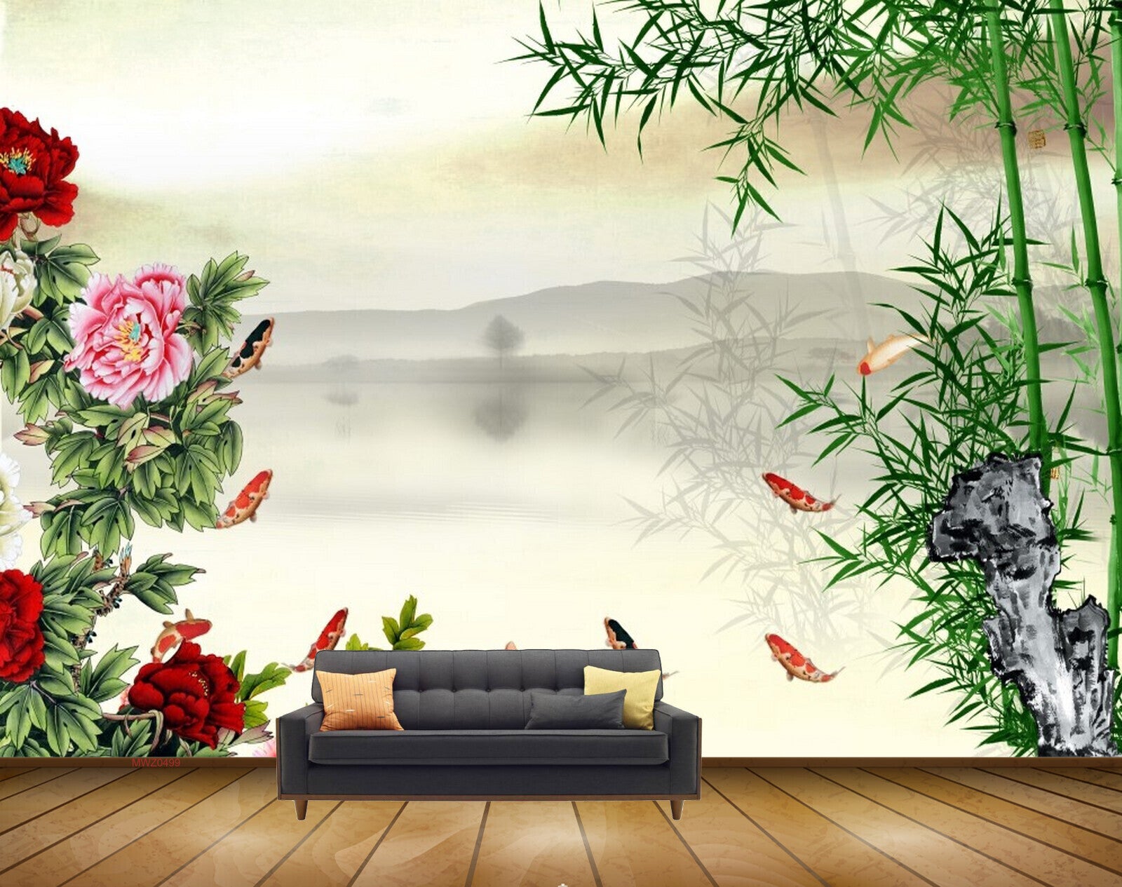 Avikalp MWZ0499 Red Flowers Fishes Trees Mountains Sea 3D HD Wallpaper