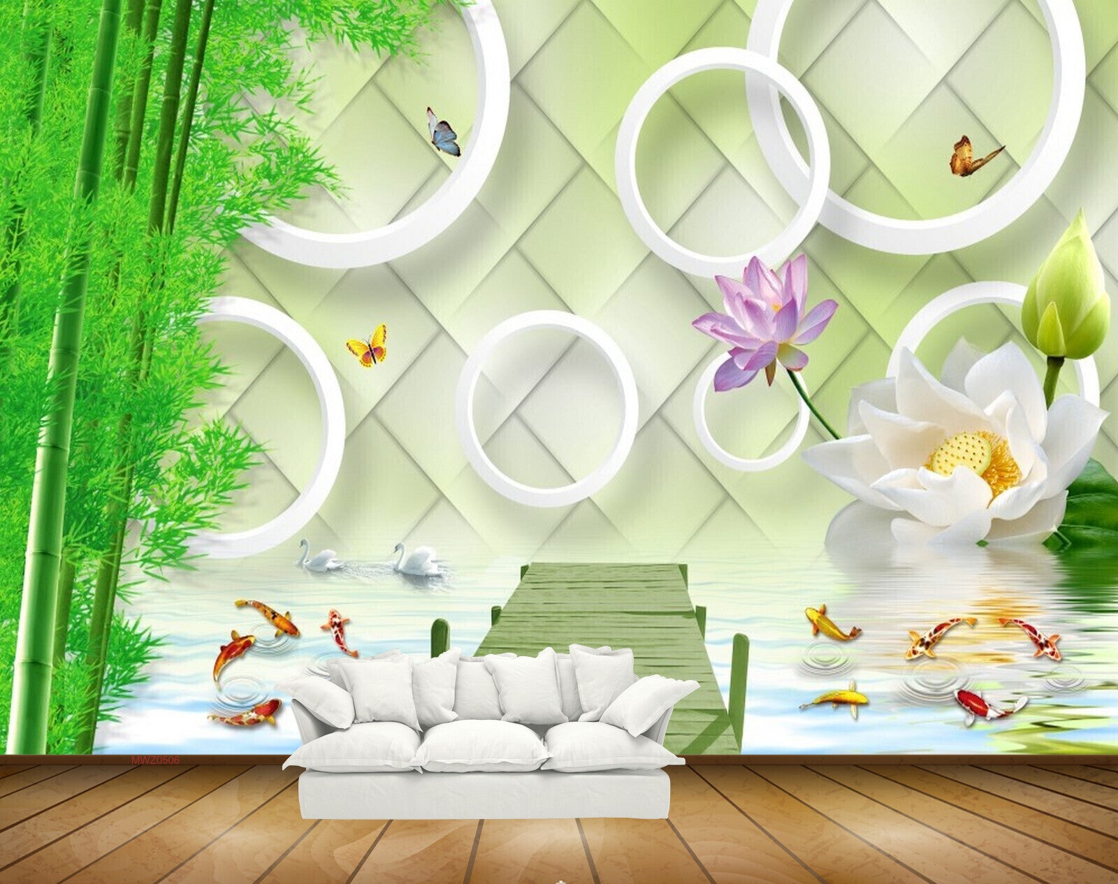 Avikalp MWZ0506 White Purple Flowers Fishes Ducks Butterflies 3D HD Wallpaper