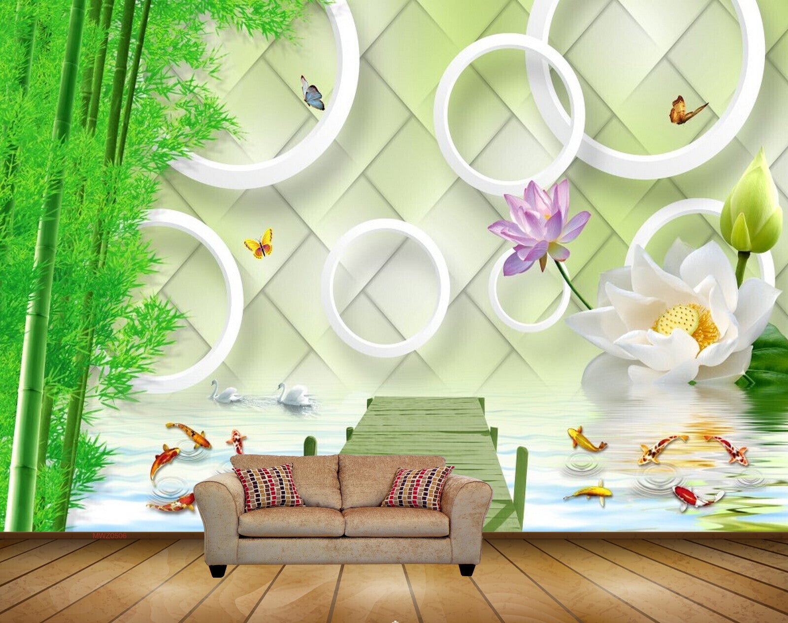 Avikalp MWZ0506 White Purple Flowers Fishes Ducks Butterflies 3D HD Wallpaper