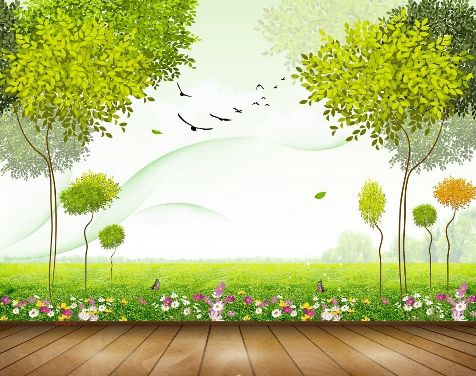 Avikalp MWZ0521 Trees Birds White Pink Flowers Butterflies 3D HD Wallpaper