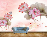 Avikalp MWZ0560 White Pink Flowers Leaves Fishes 3D HD Wallpaper