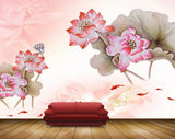 Avikalp MWZ0560 White Pink Flowers Leaves Fishes 3D HD Wallpaper