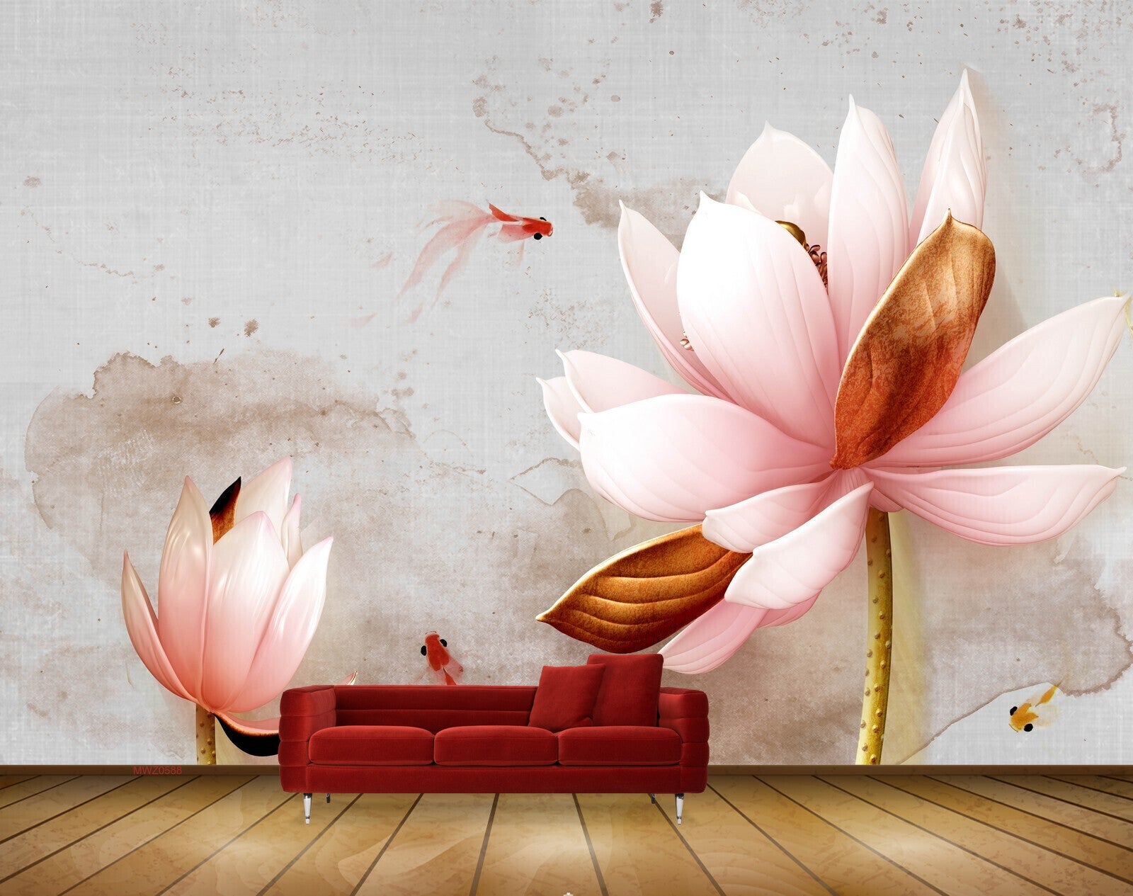 Avikalp MWZ0588 Fishes Pink Flowers 3D HD Wallpaper