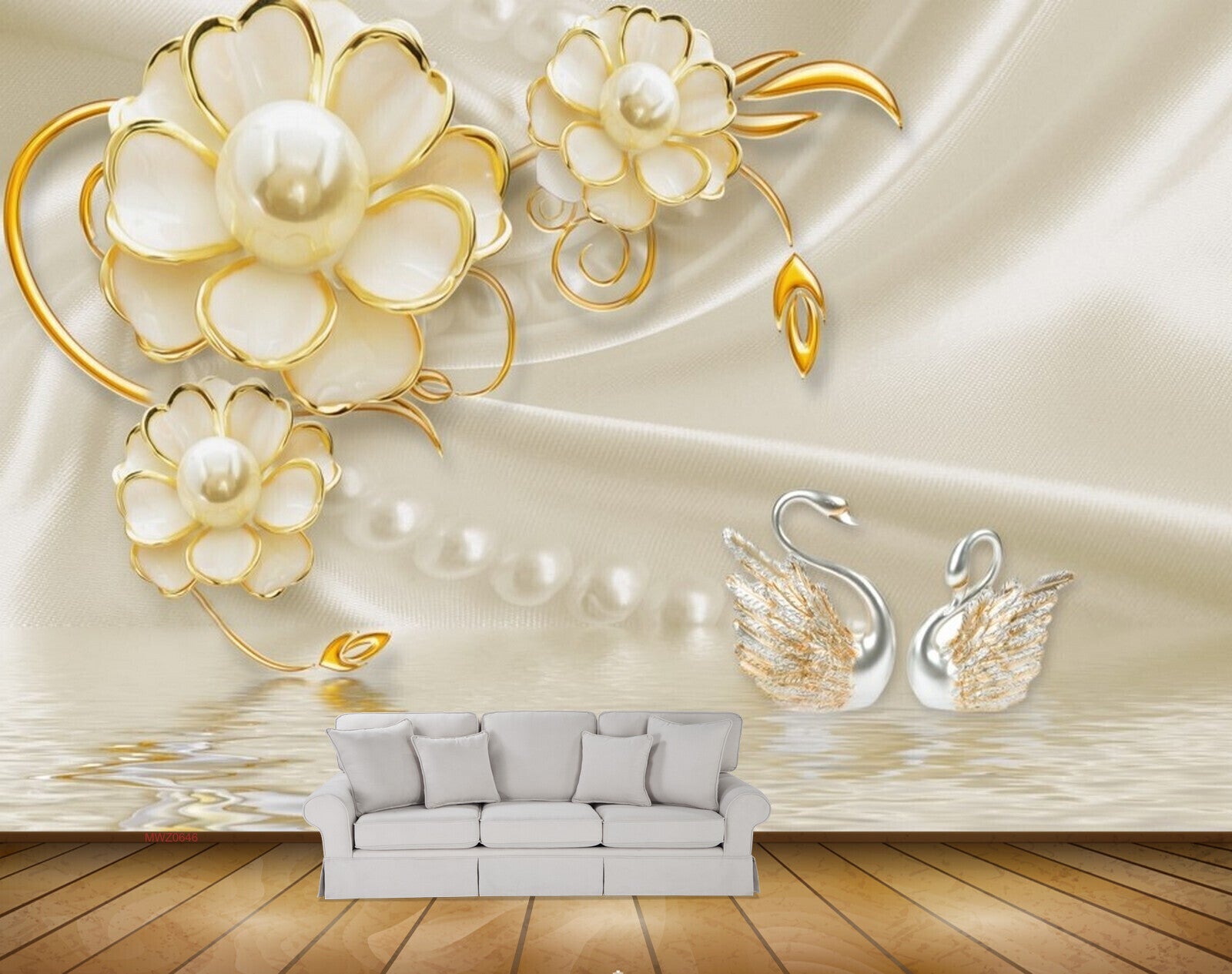 Avikalp MWZ0646 Golden White Flowers Swans HD Wallpaper