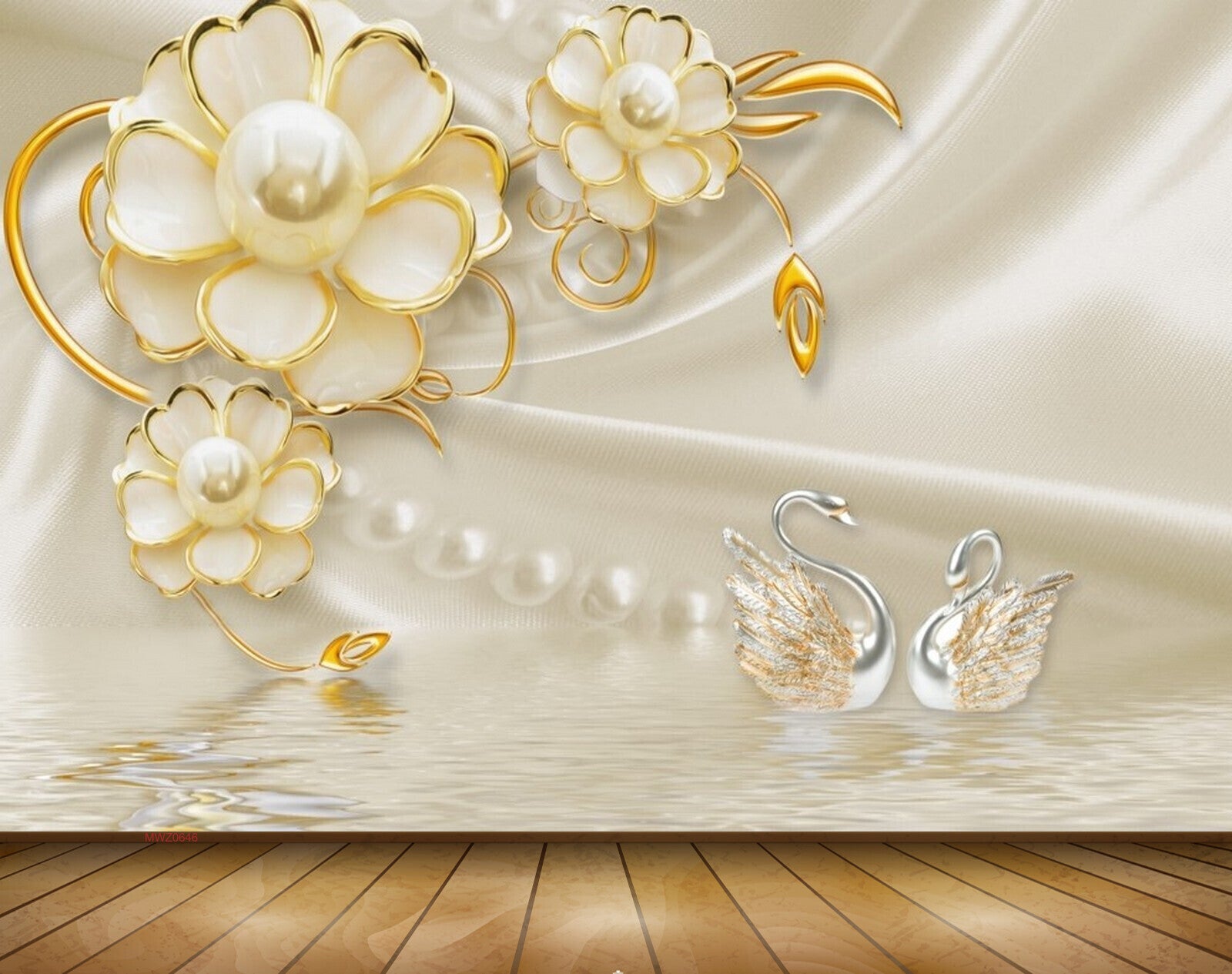 Avikalp MWZ0646 Golden White Flowers Swans 3D HD Wallpaper