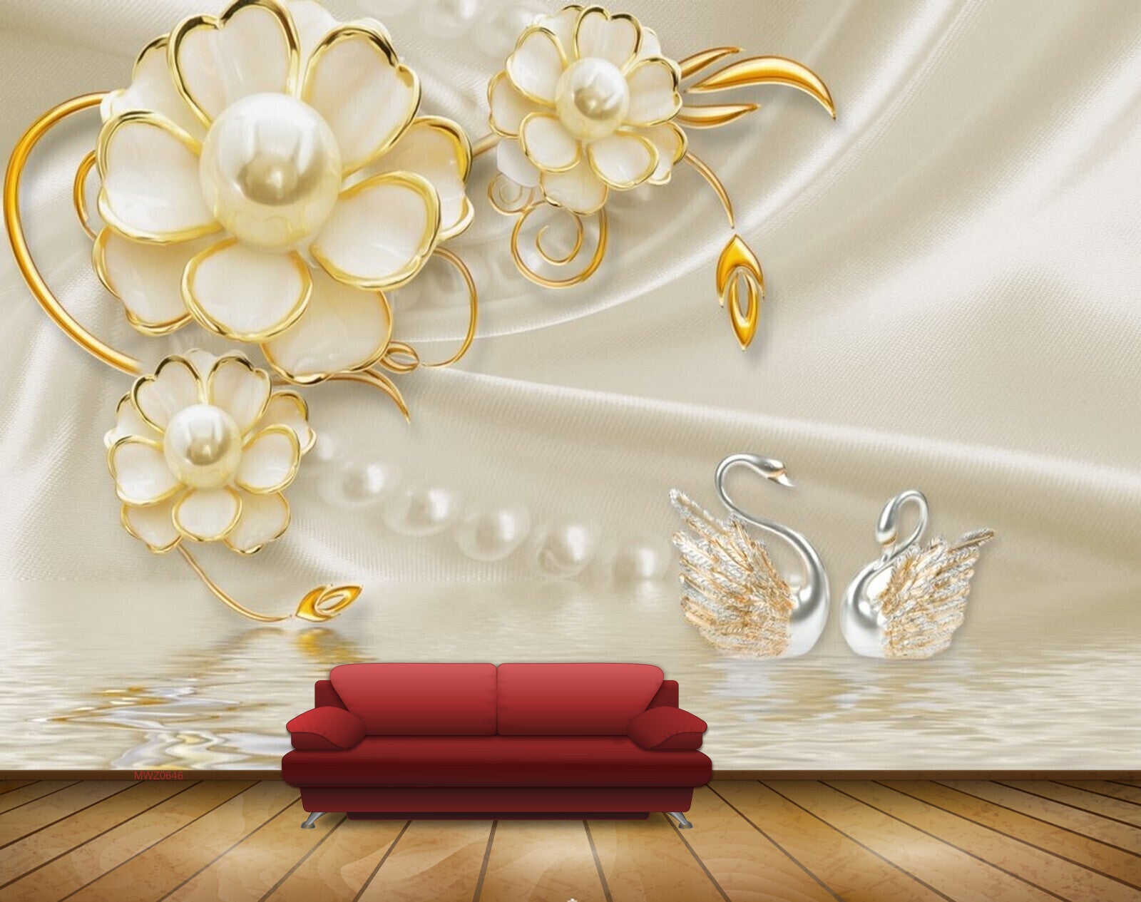 Avikalp MWZ0646 Golden White Flowers Swans 3D HD Wallpaper