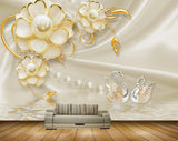 Avikalp MWZ0646 Golden White Flowers Swans 3D HD Wallpaper