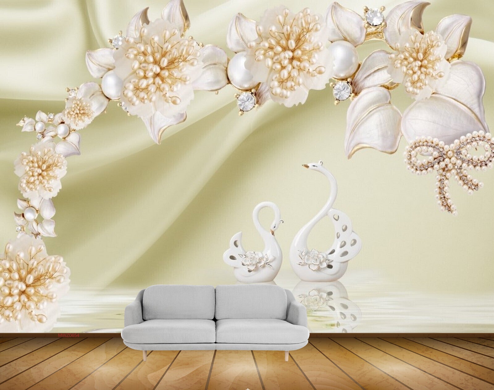 Avikalp MWZ0654 Golden White Flowers Crane 3D HD Wallpaper