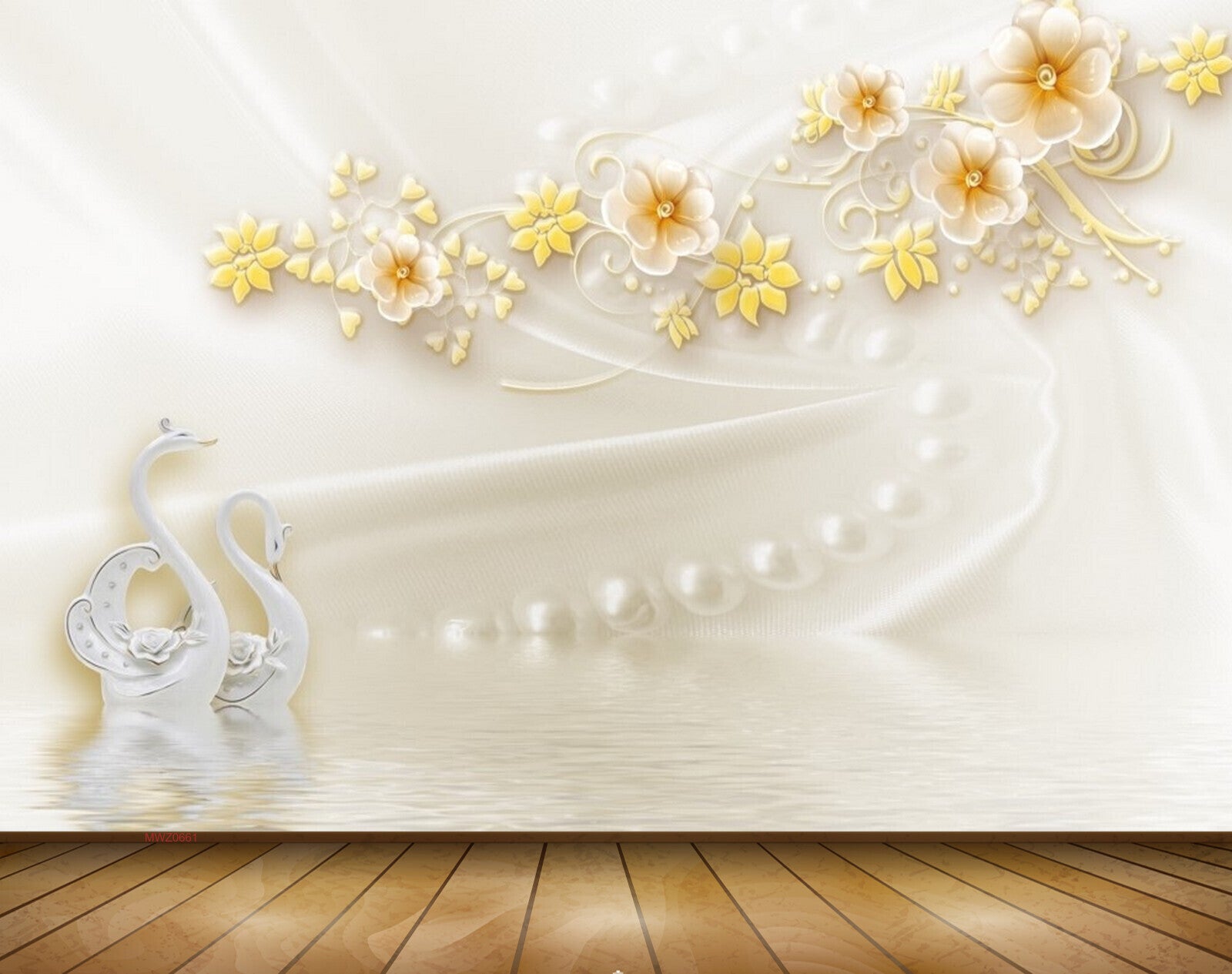 Avikalp MWZ0661 White Yellow Flowers Swans 3D HD Wallpaper