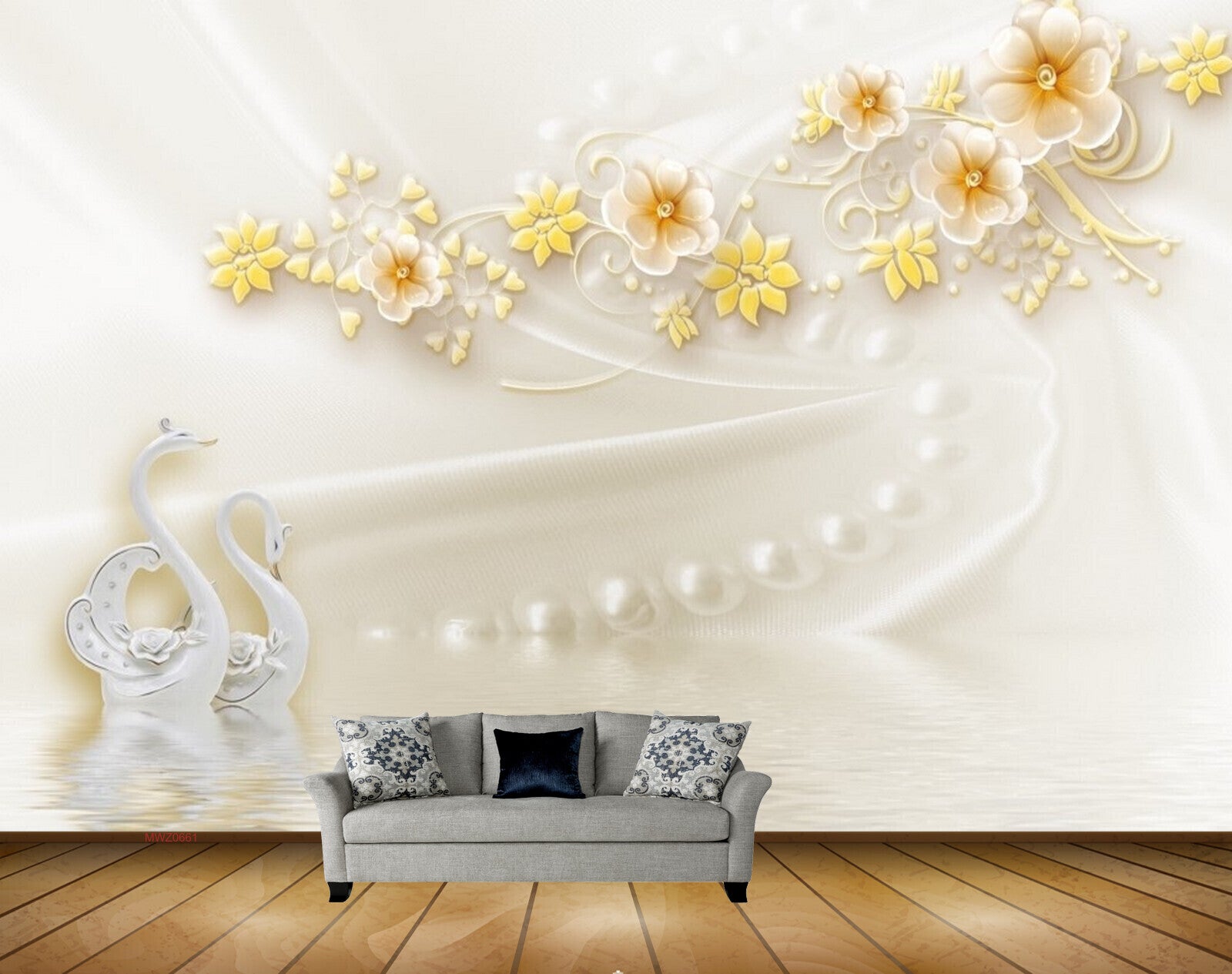 Avikalp MWZ0661 White Yellow Flowers Swans 3D HD Wallpaper