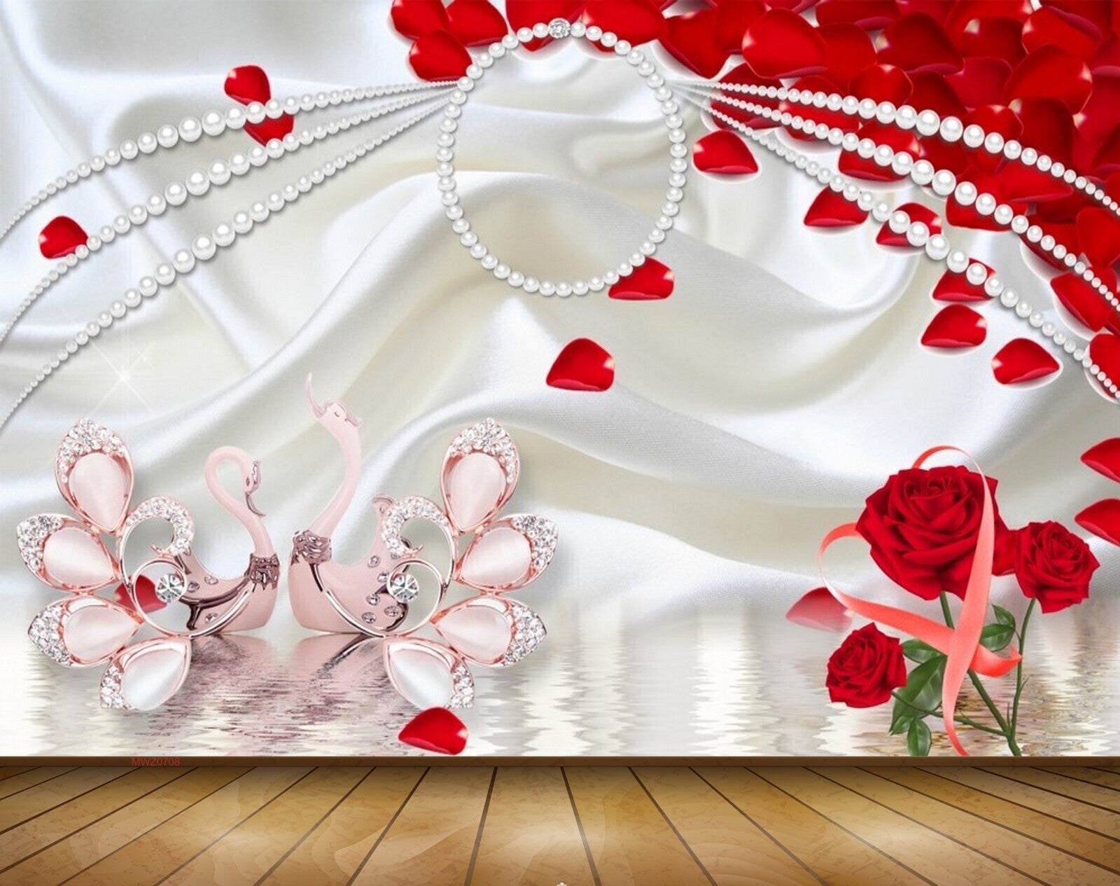 Avikalp MWZ0708Red Rose Flowers Swans 3D HD Wallpaper