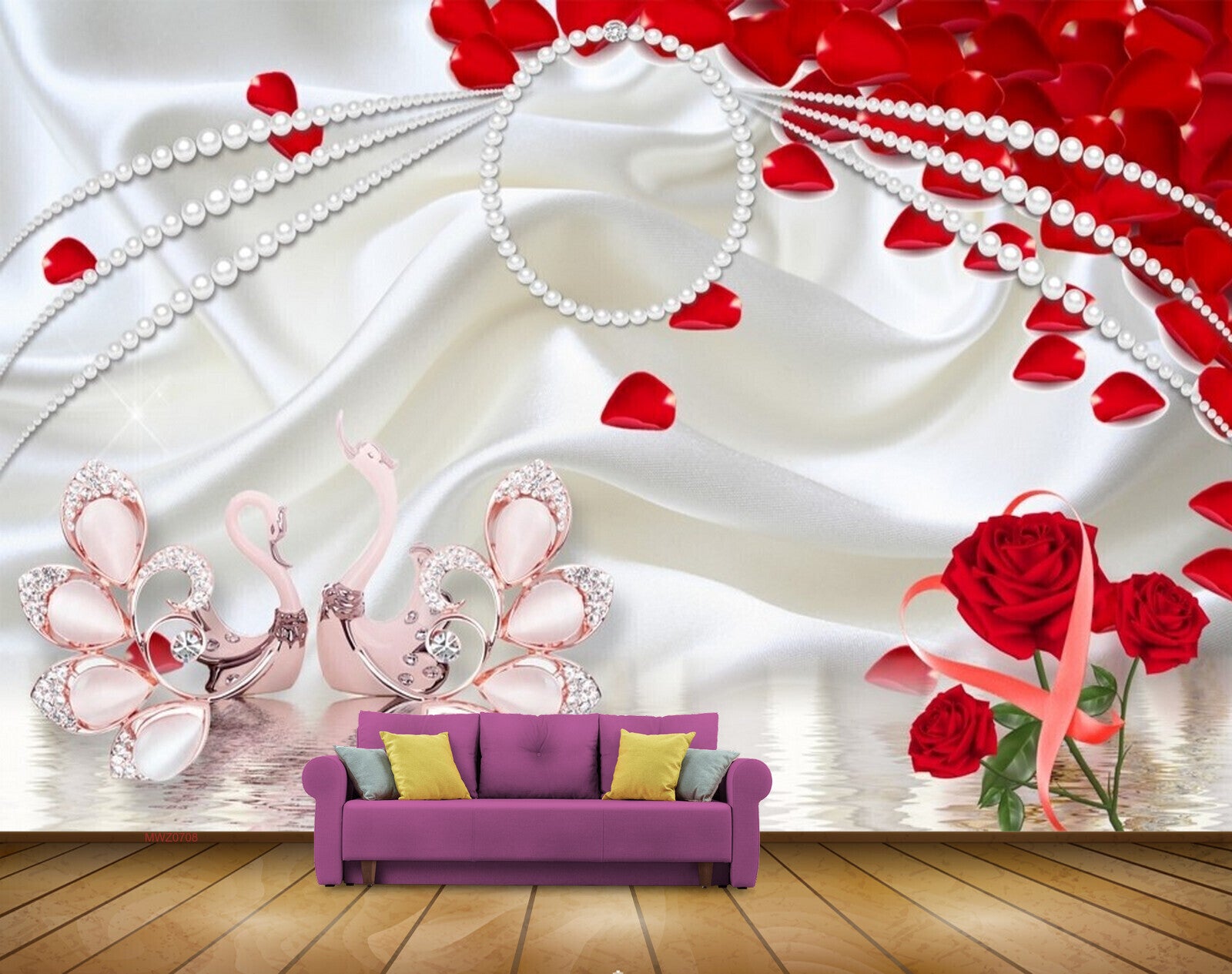 Avikalp MWZ0708Red Rose Flowers Swans 3D HD Wallpaper