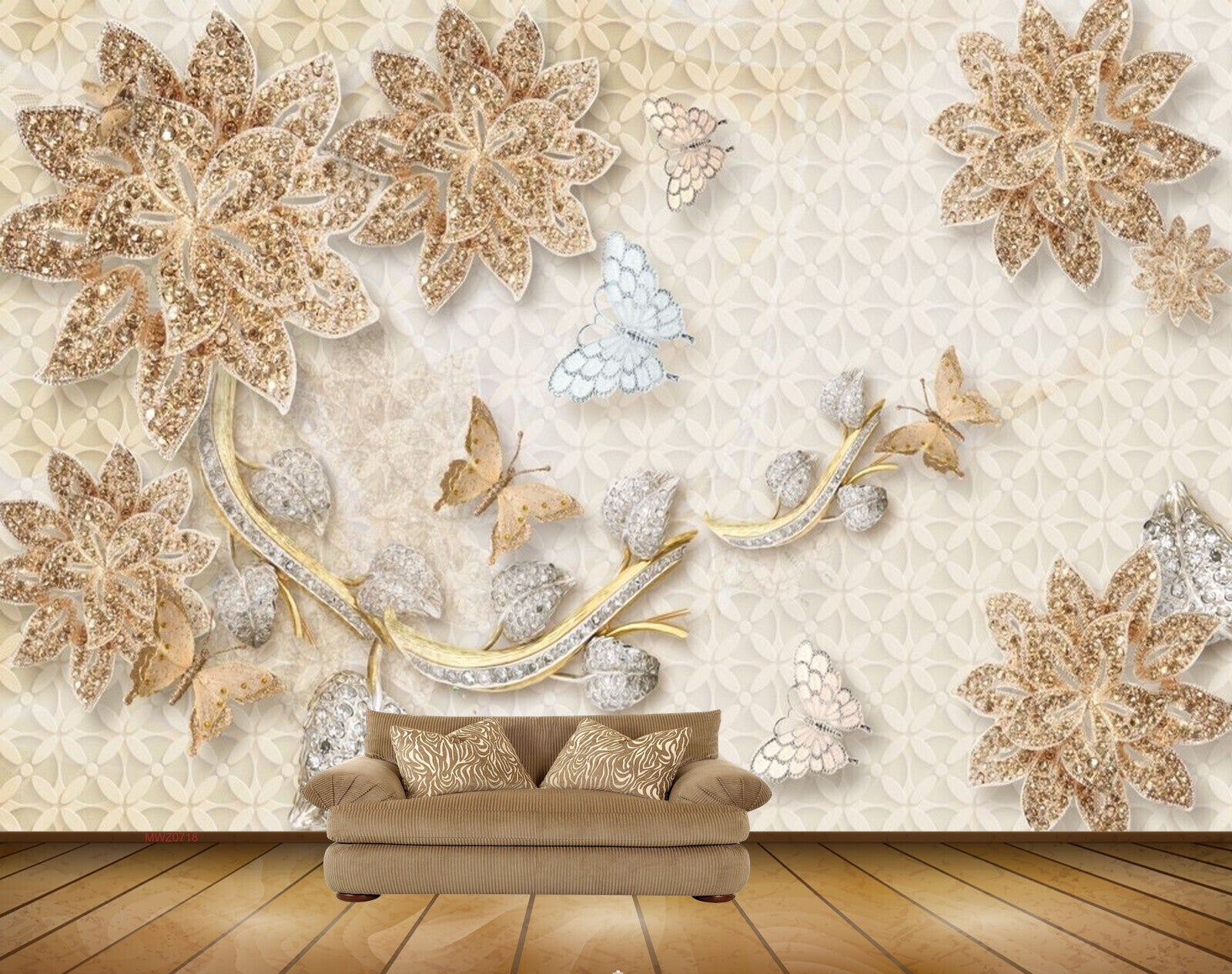 Avikalp MWZ0718 Golden Flowers White Leaves Butterflies 3D HD Wallpaper