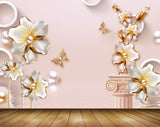 Avikalp MWZ0733 White Golden Flowers Butterflies 3D HD Wallpaper