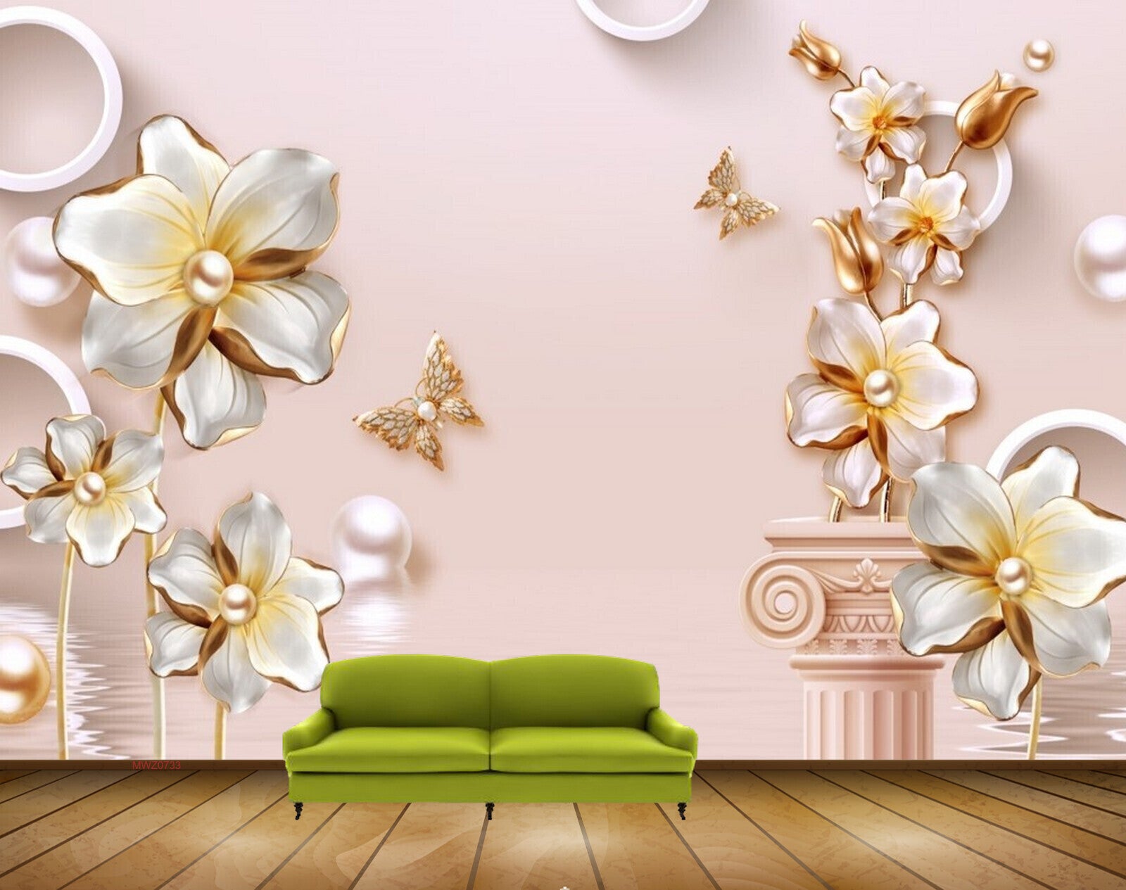 Avikalp MWZ0733 White Golden Flowers Butterflies 3D HD Wallpaper