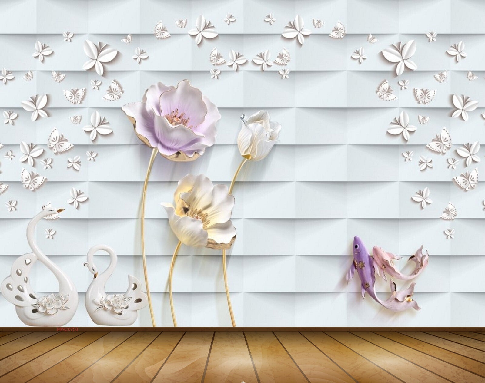 Avikalp MWZ0750 White Pink Flowers Butterflies Fishes 3D HD Wallpaper