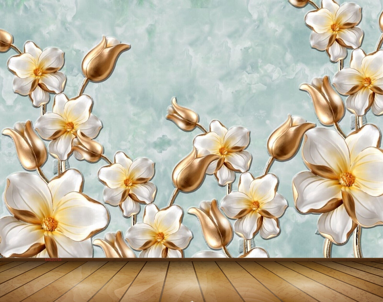 Avikalp MWZ0754 White Gold Flowers 3D HD Wallpaper