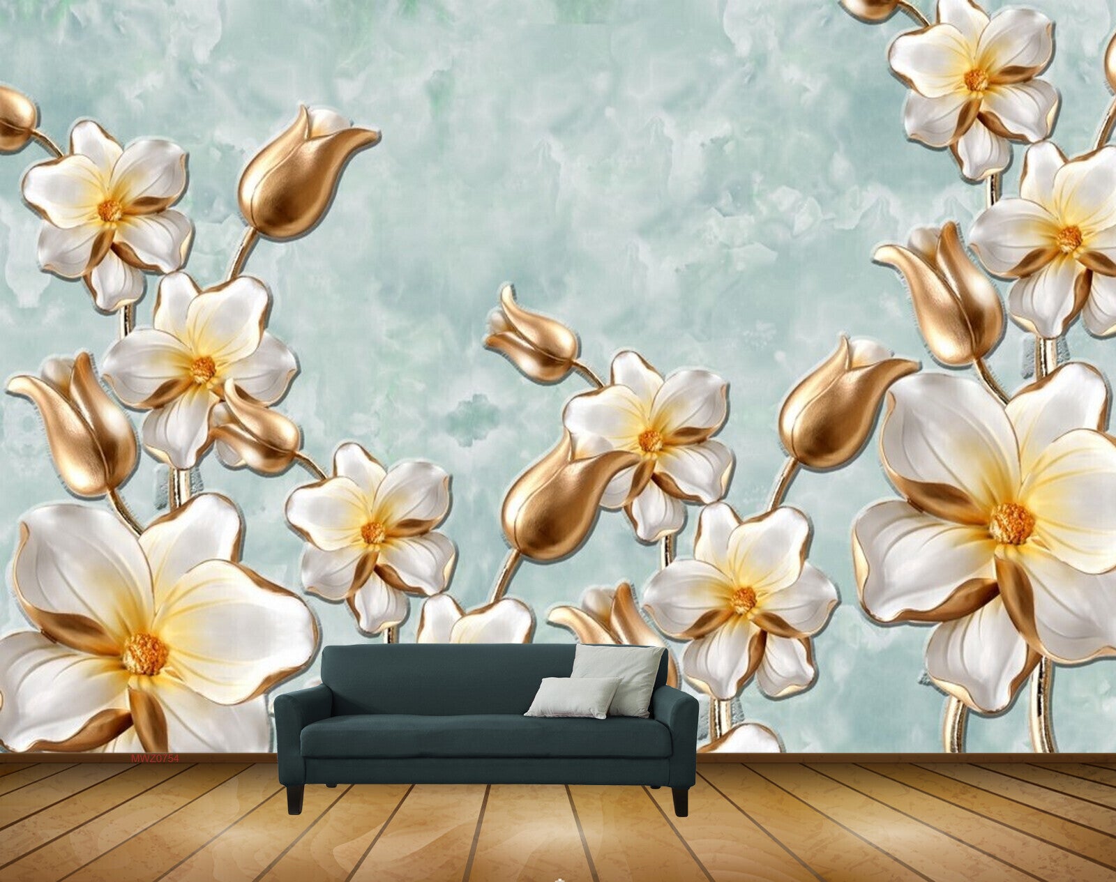 Avikalp MWZ0754 White Gold Flowers 3D HD Wallpaper