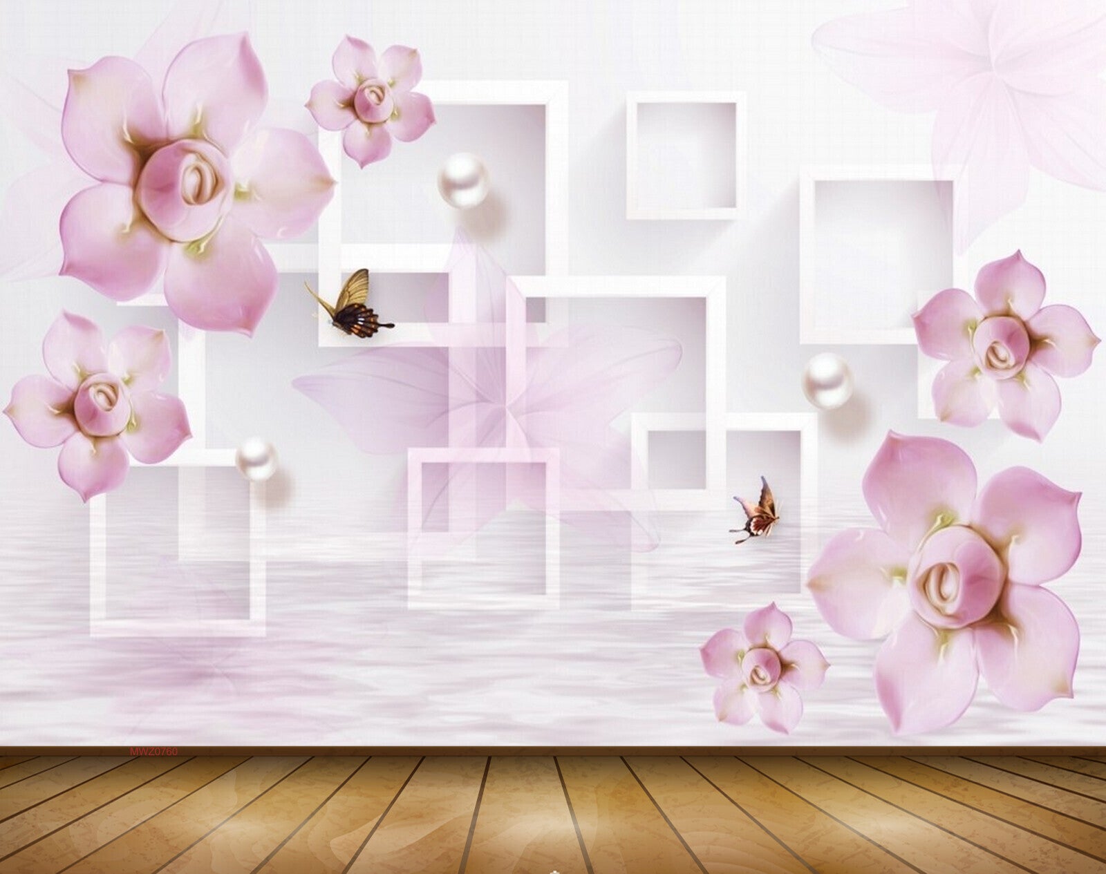 Avikalp MWZ0760 Pink White Flowers Butterflies 3D HD Wallpaper