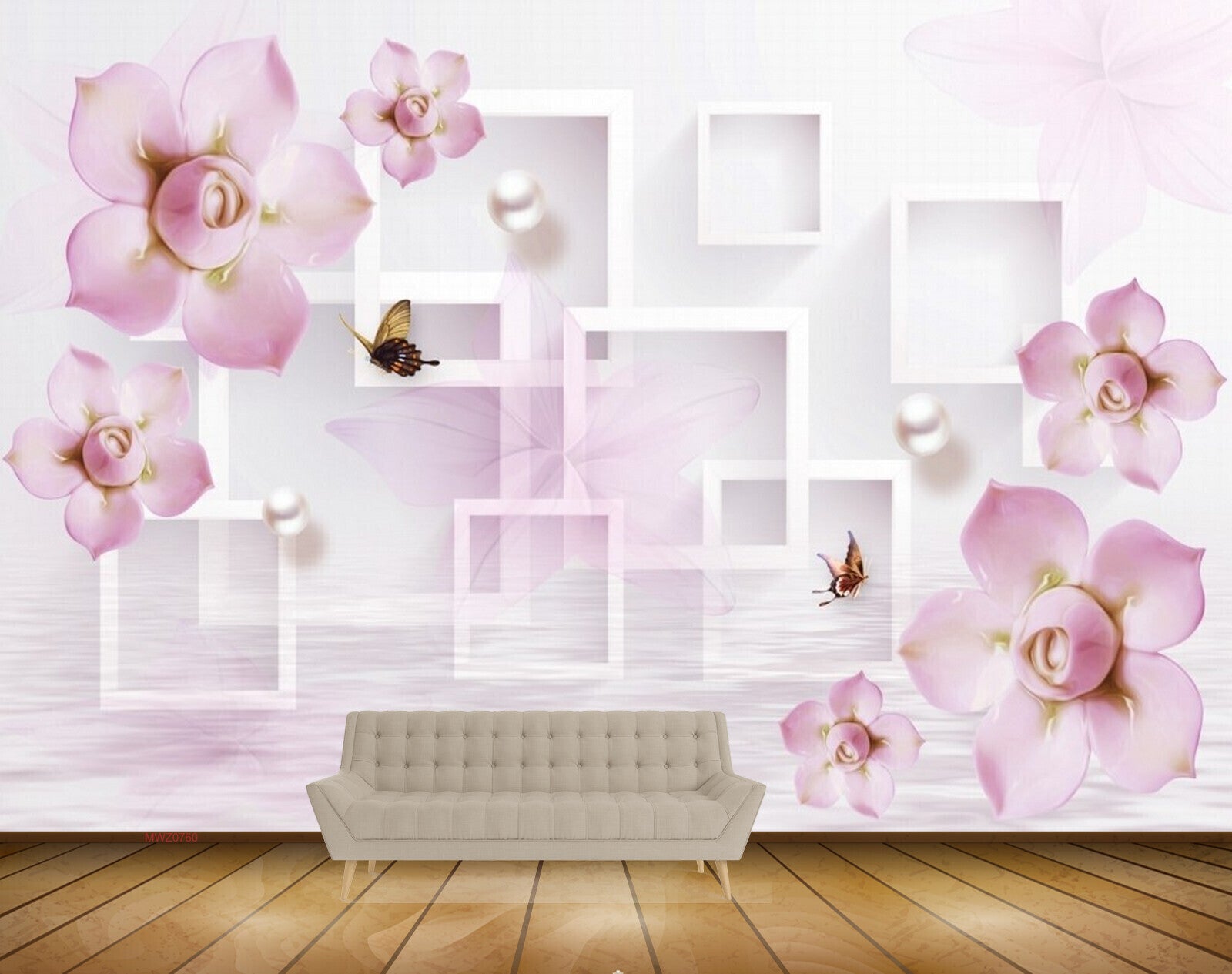 Avikalp MWZ0760 Pink White Flowers Butterflies 3D HD Wallpaper