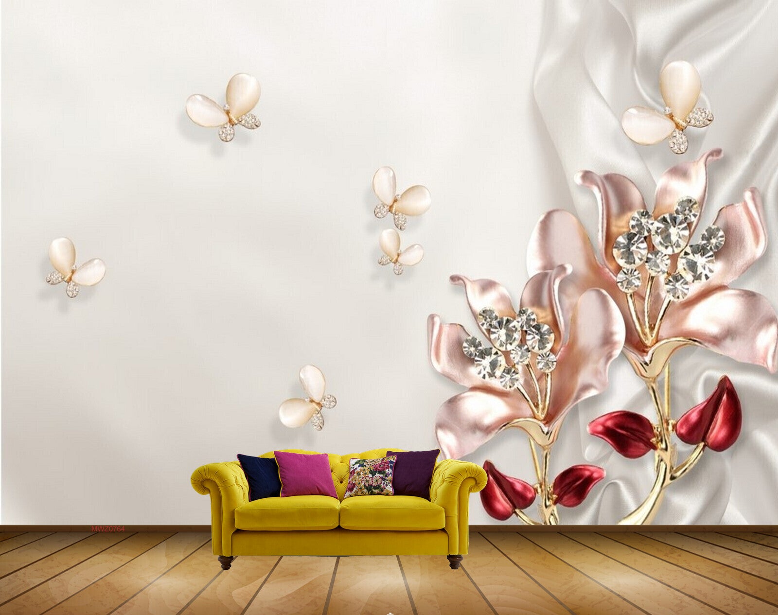 Avikalp MWZ0764 White Pink Flowers Butterflies 3D HD Wallpaper