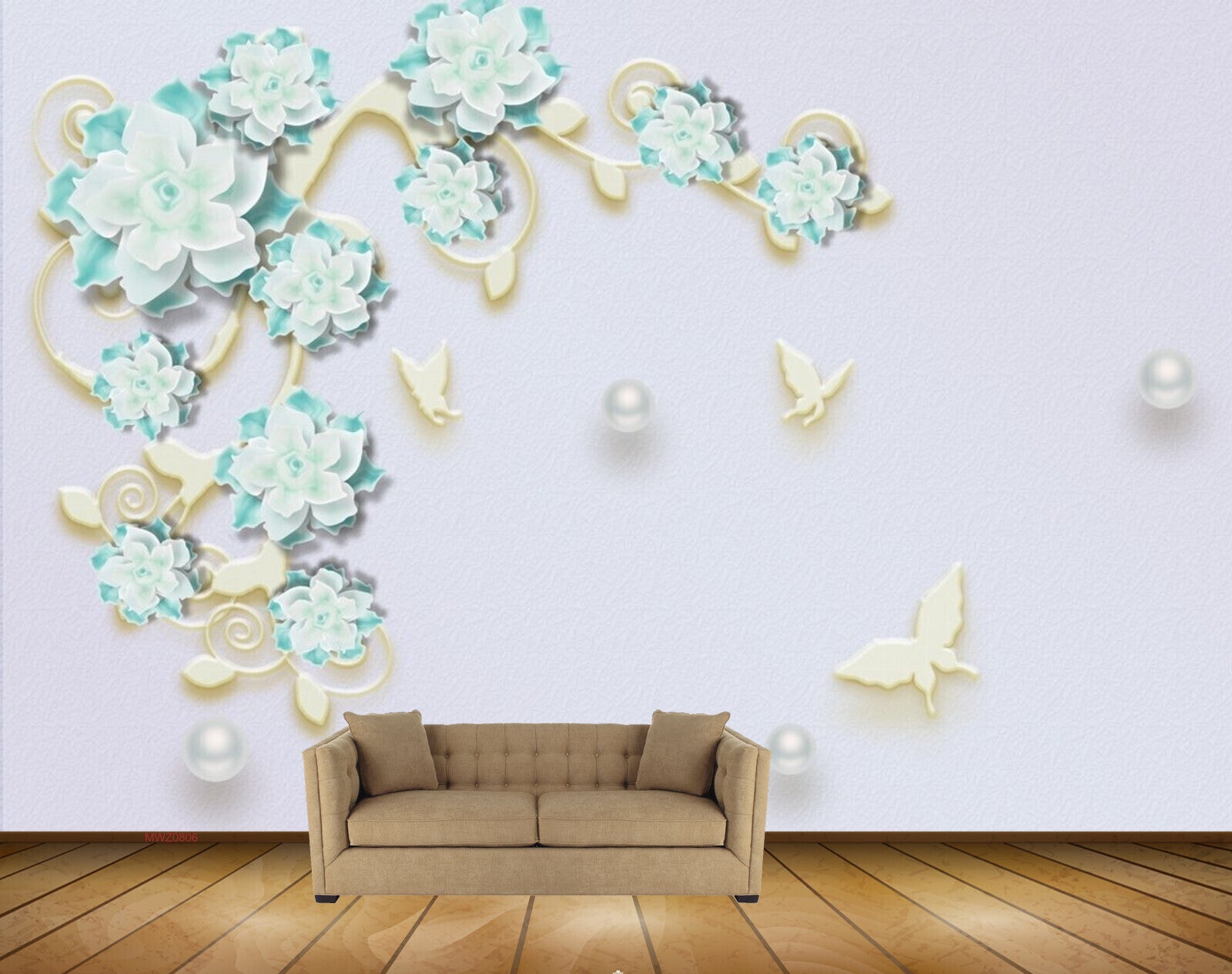 Avikalp MWZ0806 White Green Flowers Butterflies HD Wallpaper