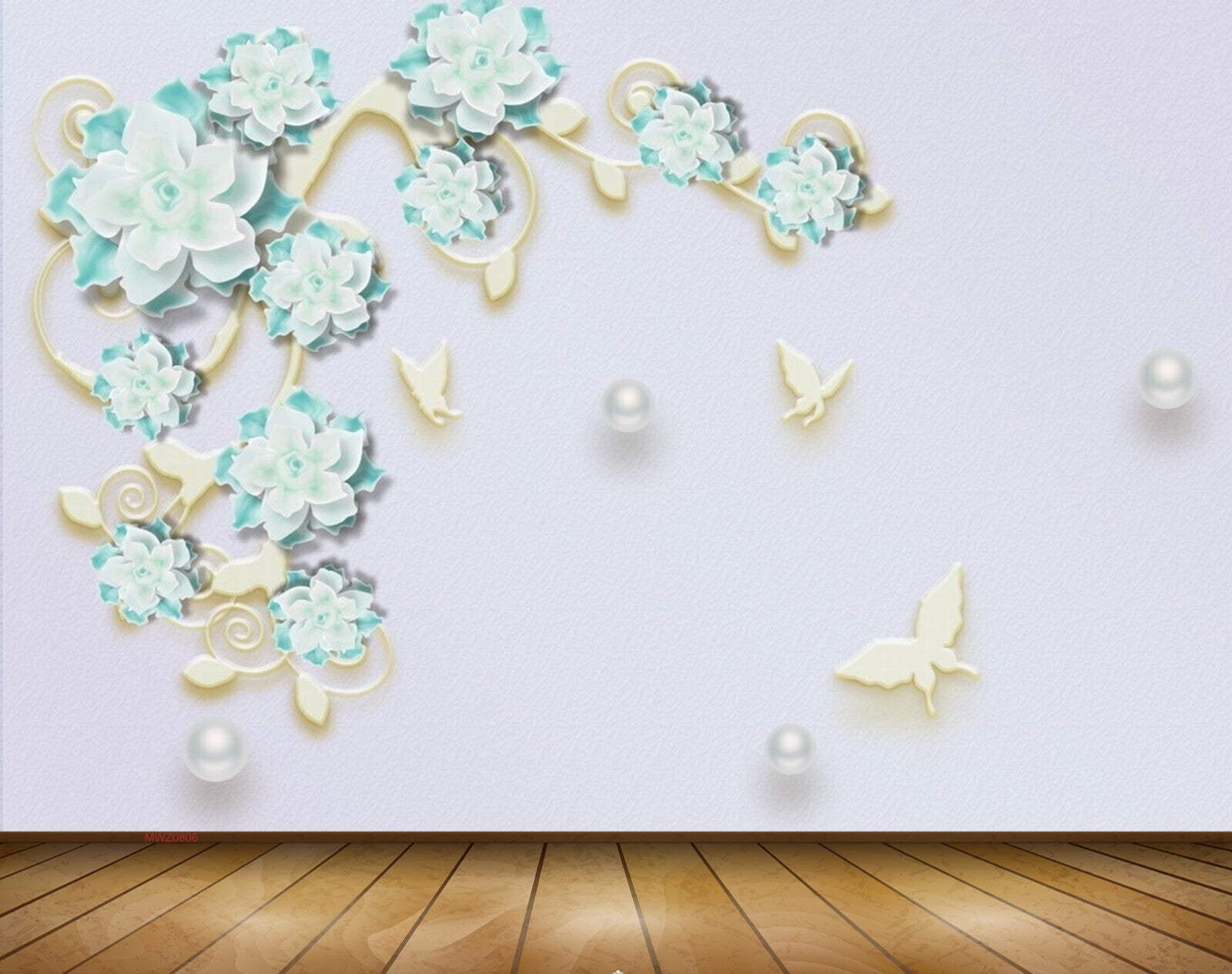 Avikalp MWZ0806 White Green Flowers Butterflies 3D HD Wallpaper