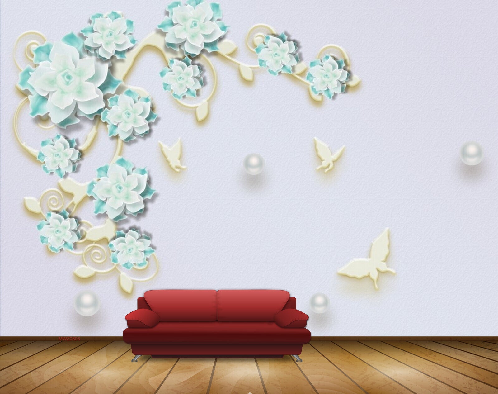 Avikalp MWZ0806 White Green Flowers Butterflies 3D HD Wallpaper