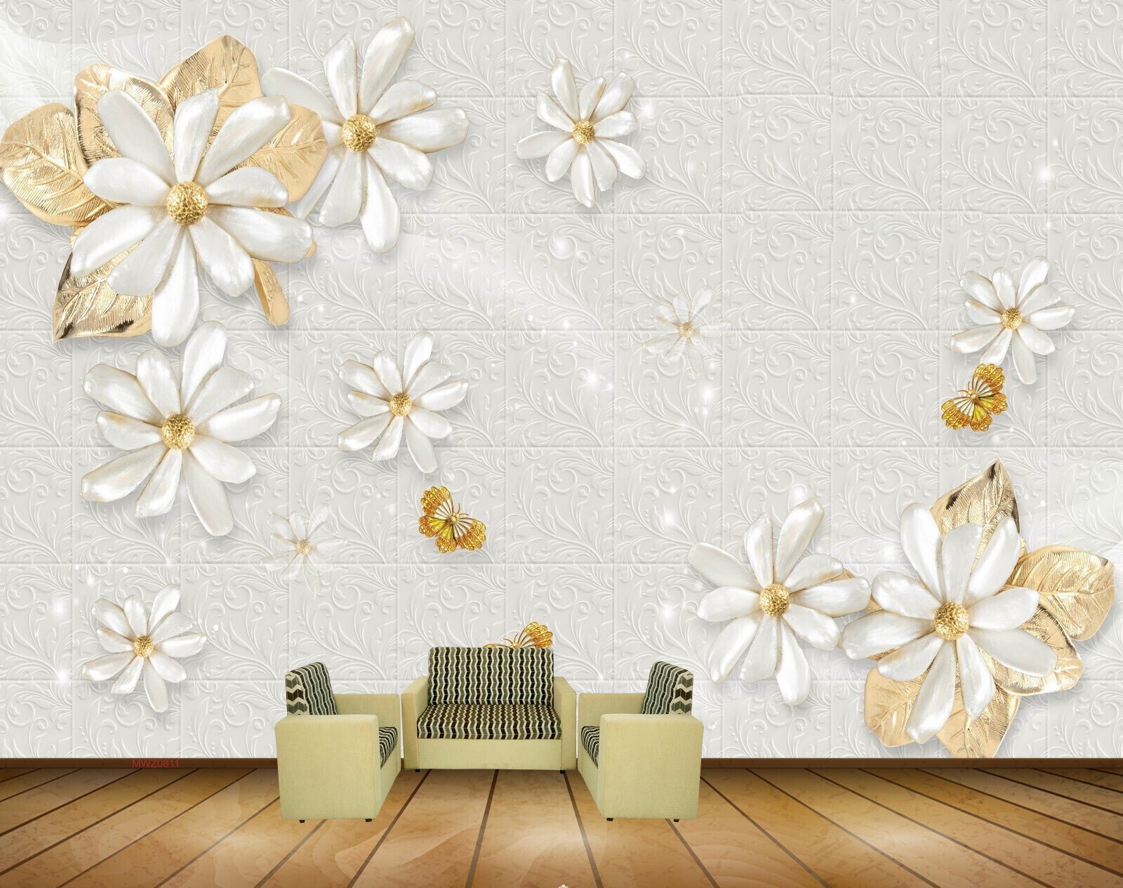 Avikalp MWZ0811 White Golden Flowers Butterflies HD Wallpaper