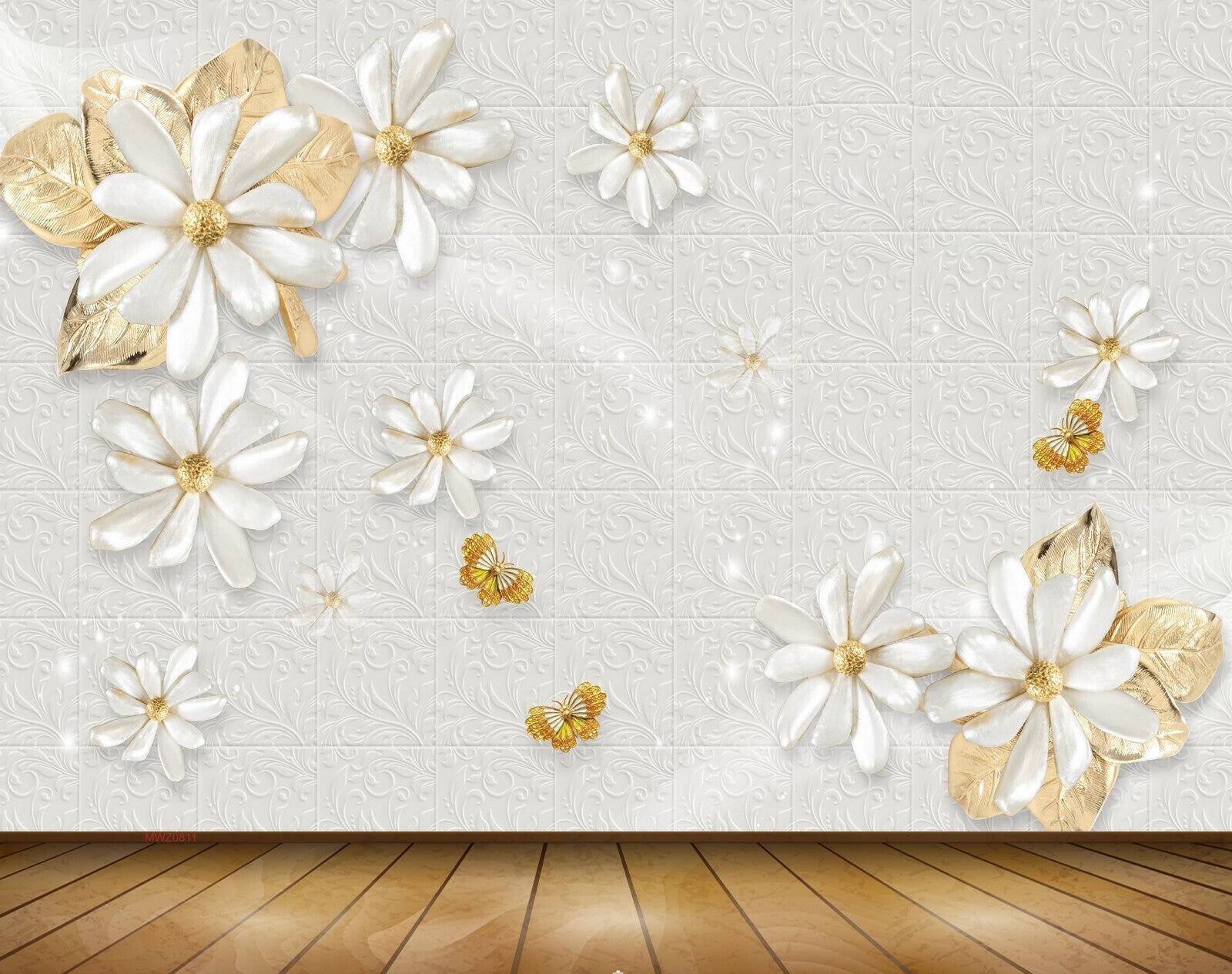 Avikalp MWZ0811 White Golden Flowers Butterflies 3D HD Wallpaper