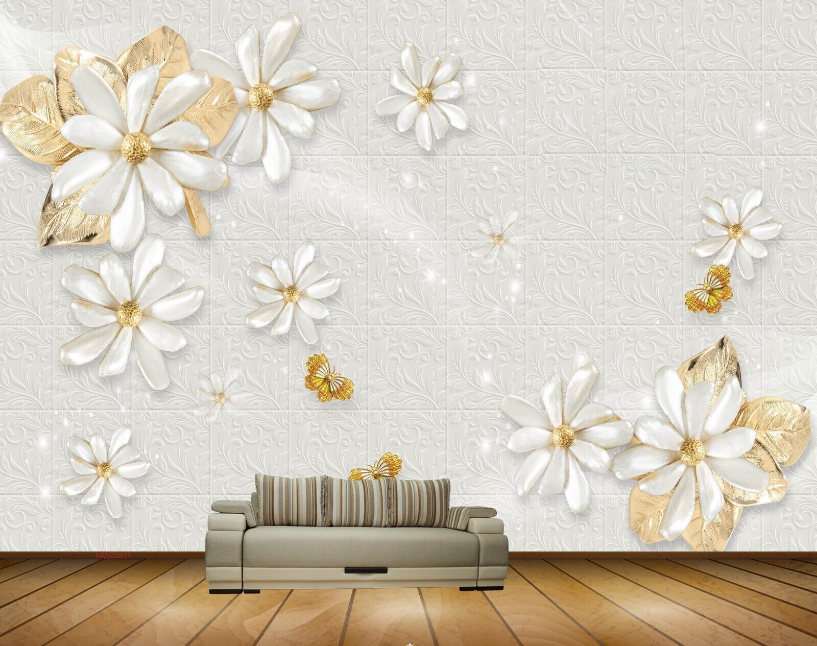 Avikalp MWZ0811 White Golden Flowers Butterflies 3D HD Wallpaper