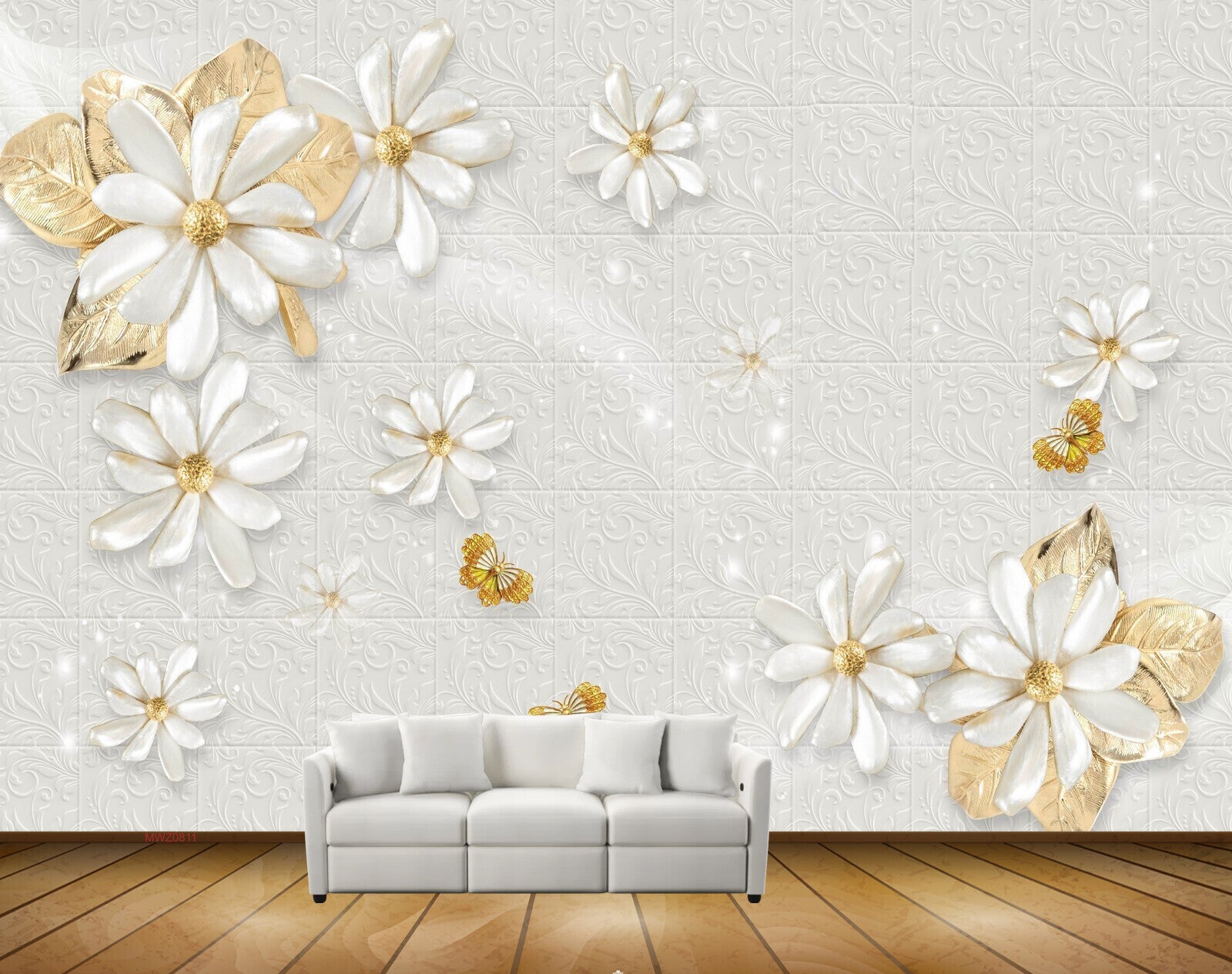 Avikalp MWZ0811 White Golden Flowers Butterflies 3D HD Wallpaper