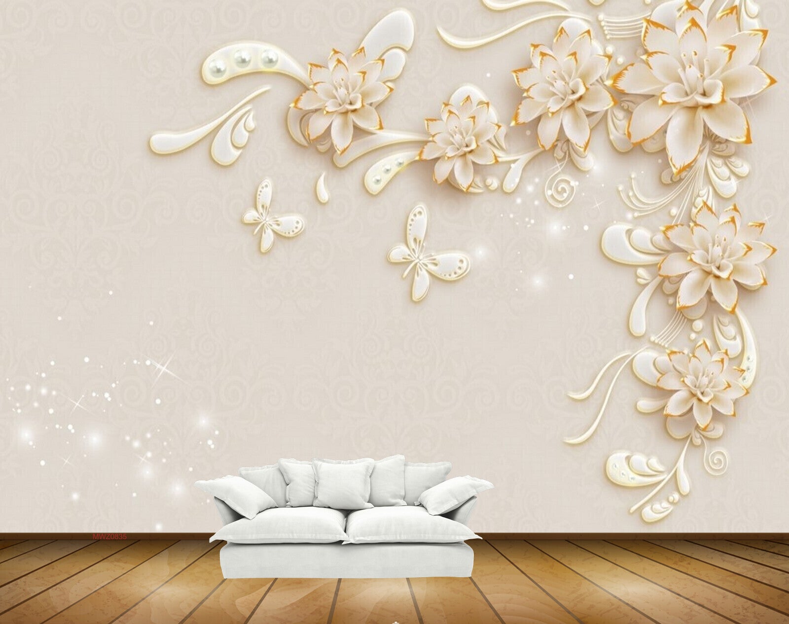 Avikalp MWZ0835 White Golden Flowers Buttterflies 3D HD Wallpaper