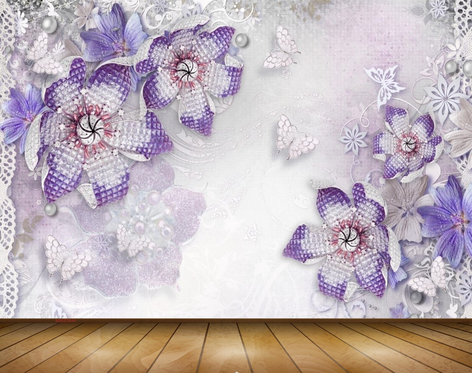 Avikalp MWZ0844 Purple Flowers Butterflies Leaves 3D HD Wallpaper