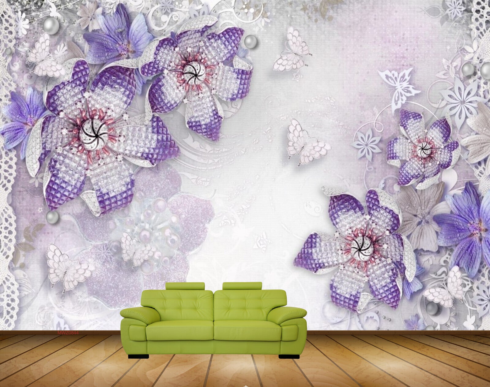 Avikalp MWZ0844 Purple Flowers Butterflies Leaves 3D HD Wallpaper