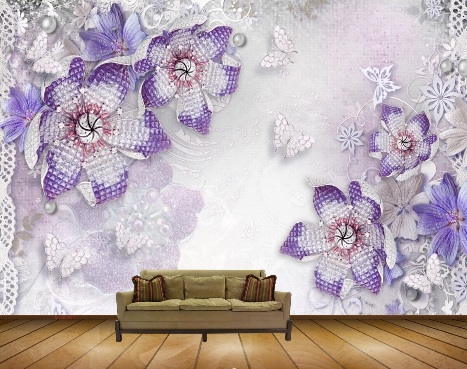 Avikalp MWZ0844 Purple Flowers Butterflies Leaves 3D HD Wallpaper