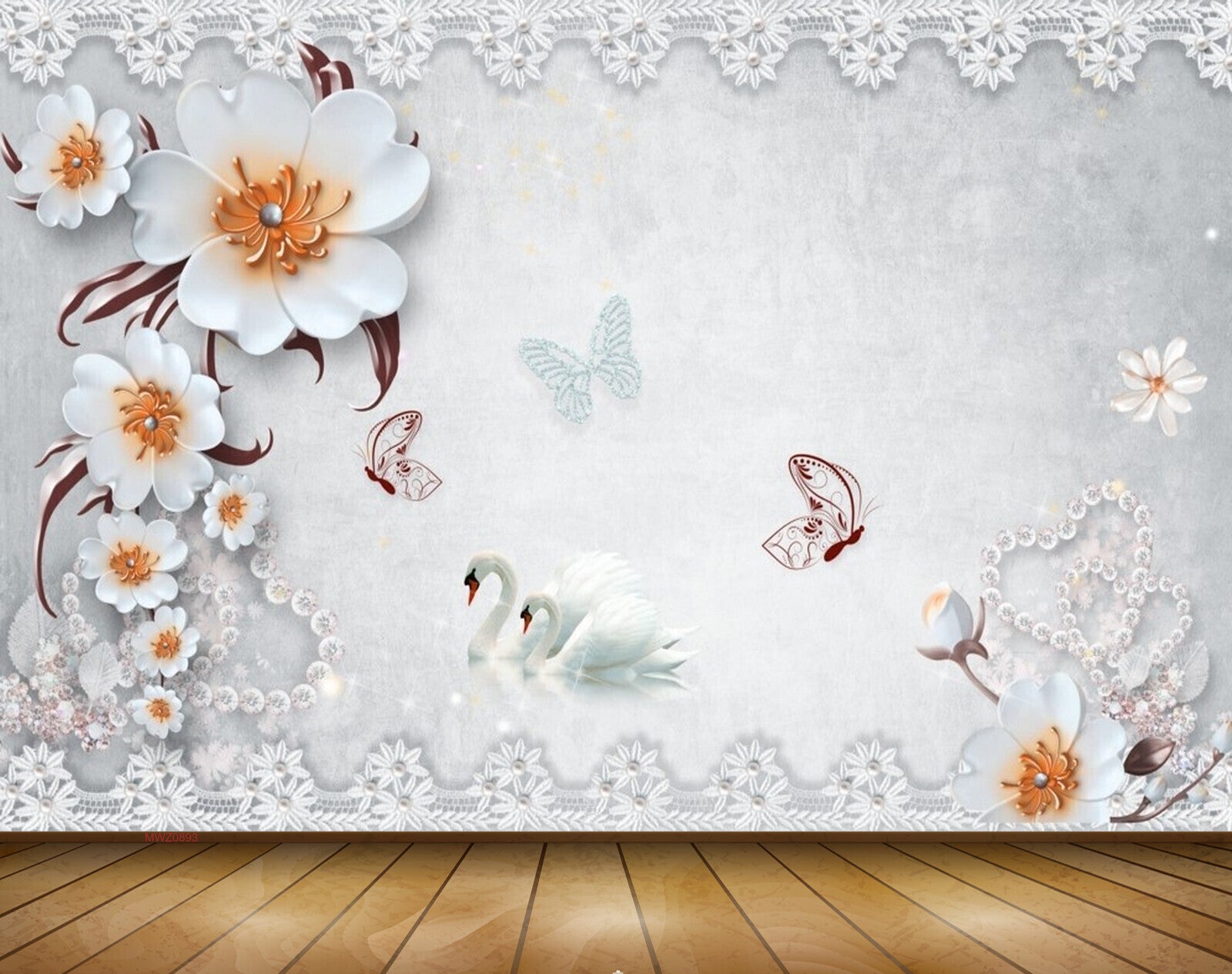 Avikalp MWZ0893 White Orange Flowers Butterflies 3D HD Wallpaper