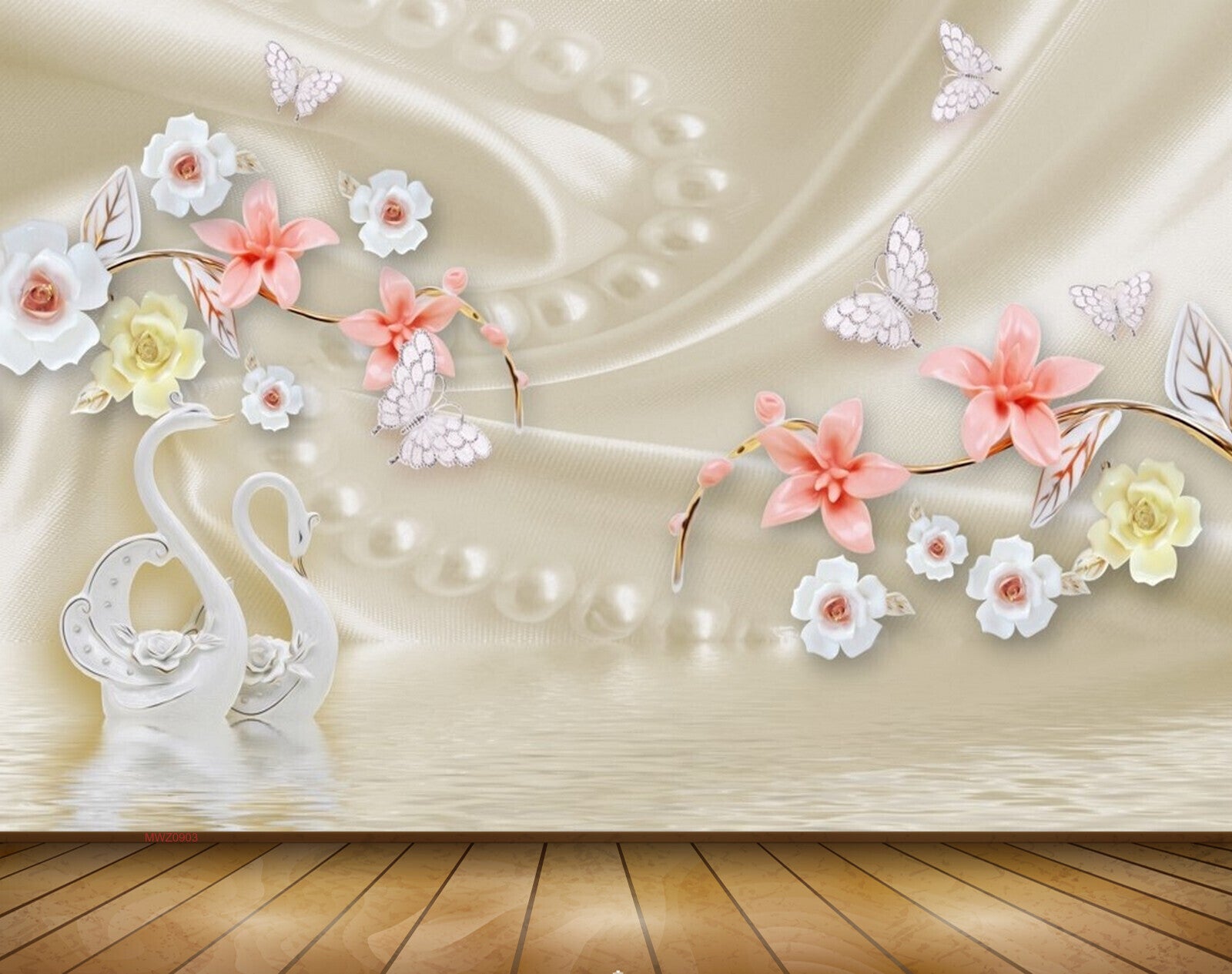 Avikalp MWZ0903 White Peach Flowers Cranes Butterflies 3D HD Wallpaper