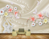 Avikalp MWZ0903 White Peach Flowers Cranes Butterflies 3D HD Wallpaper