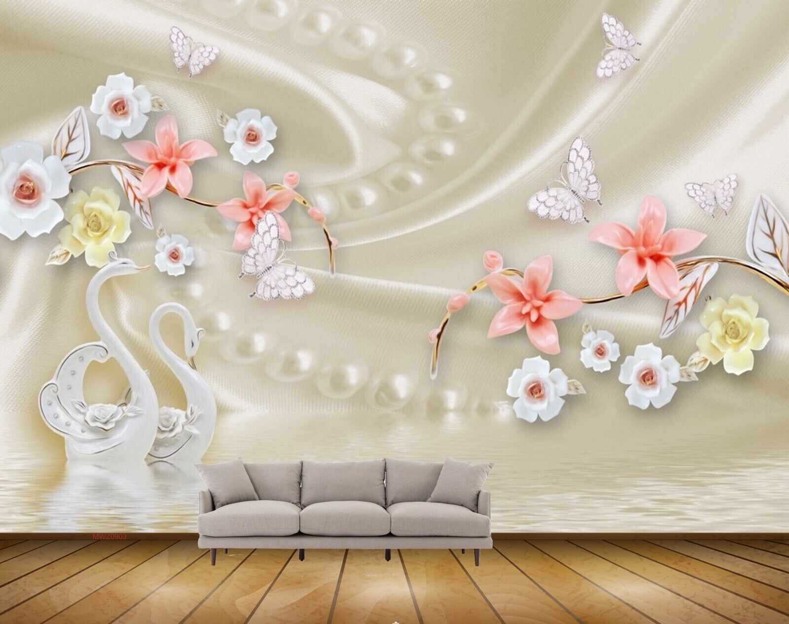 Avikalp MWZ0903 White Peach Flowers Cranes Butterflies 3D HD Wallpaper